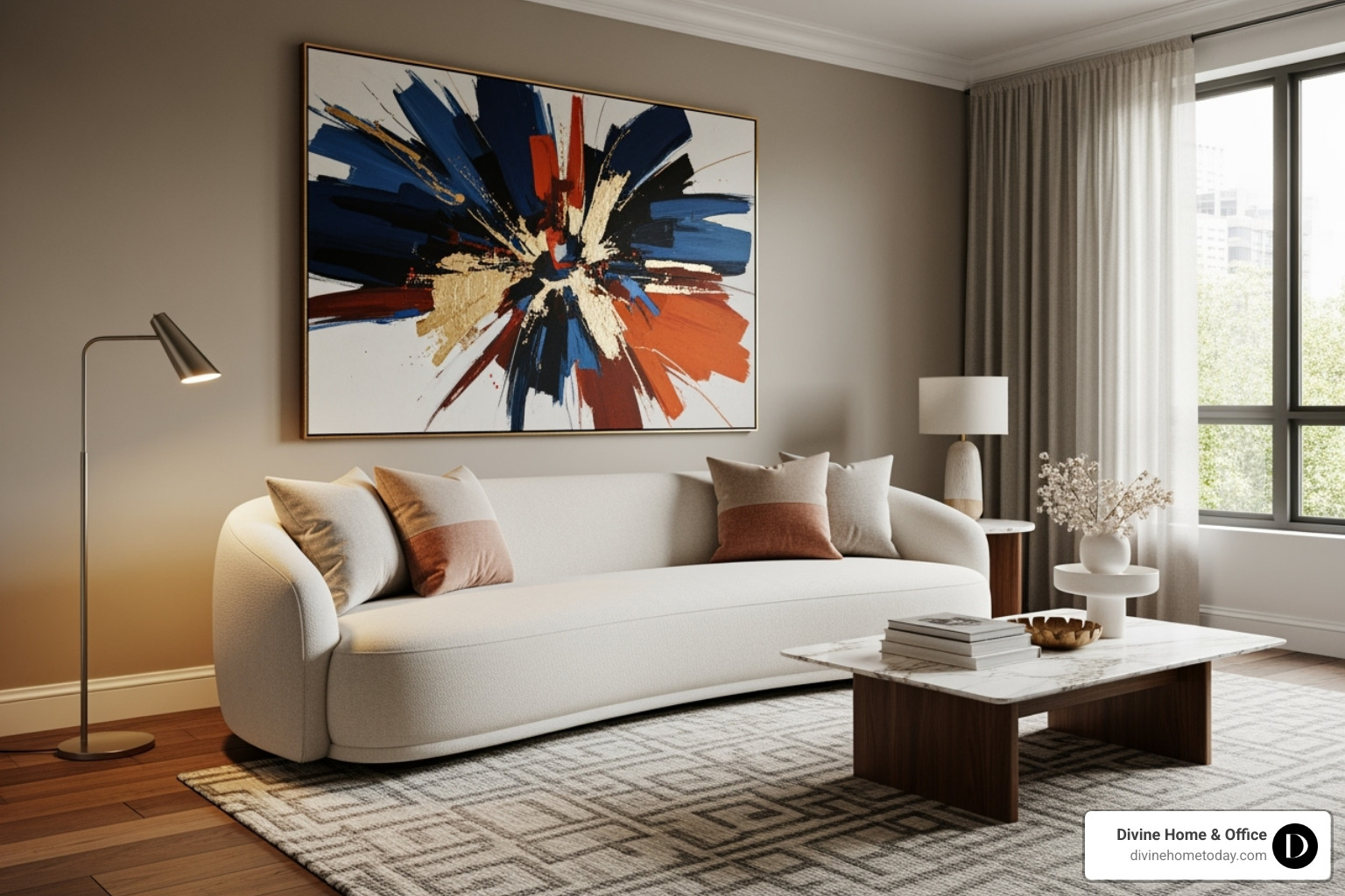 living room with abstract art and curvy sofa - luxury apartment decor
