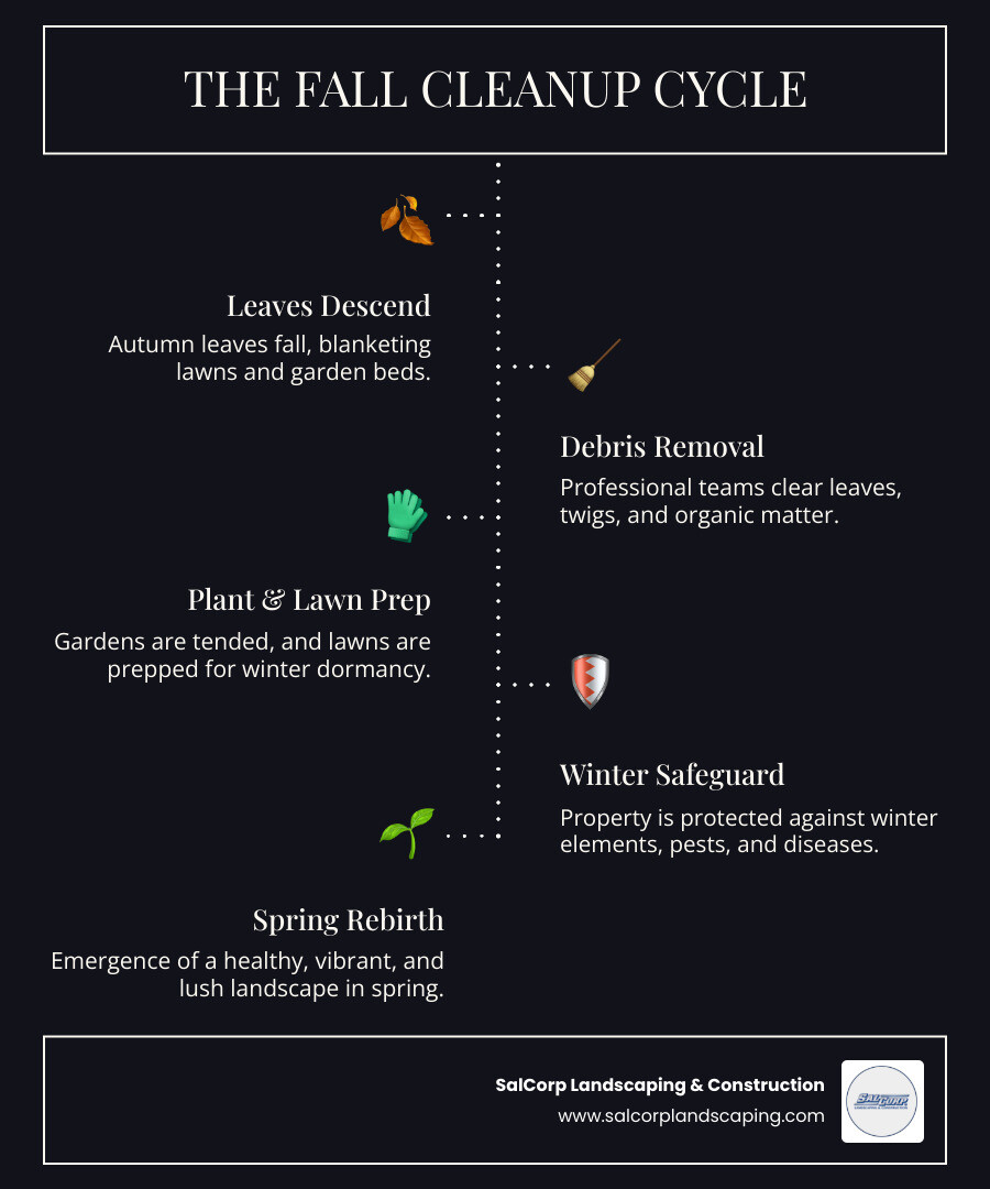 Infographic showing the fall cleanup cycle: leaves fall covering lawn, professional cleanup removes debris and prepares plants, lawn enters winter protected, spring emerges with healthy green growth - fall cleanup services infographic infographic-line-5-steps-dark