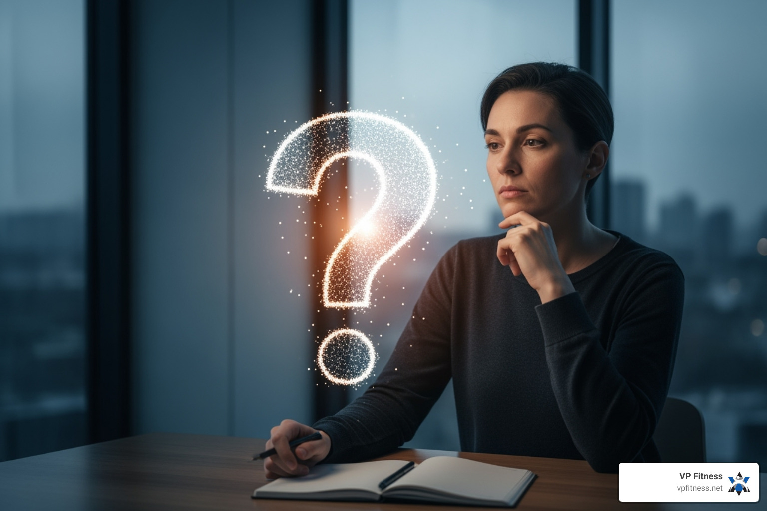 person looking thoughtfully at a question mark symbol - accountability coaching