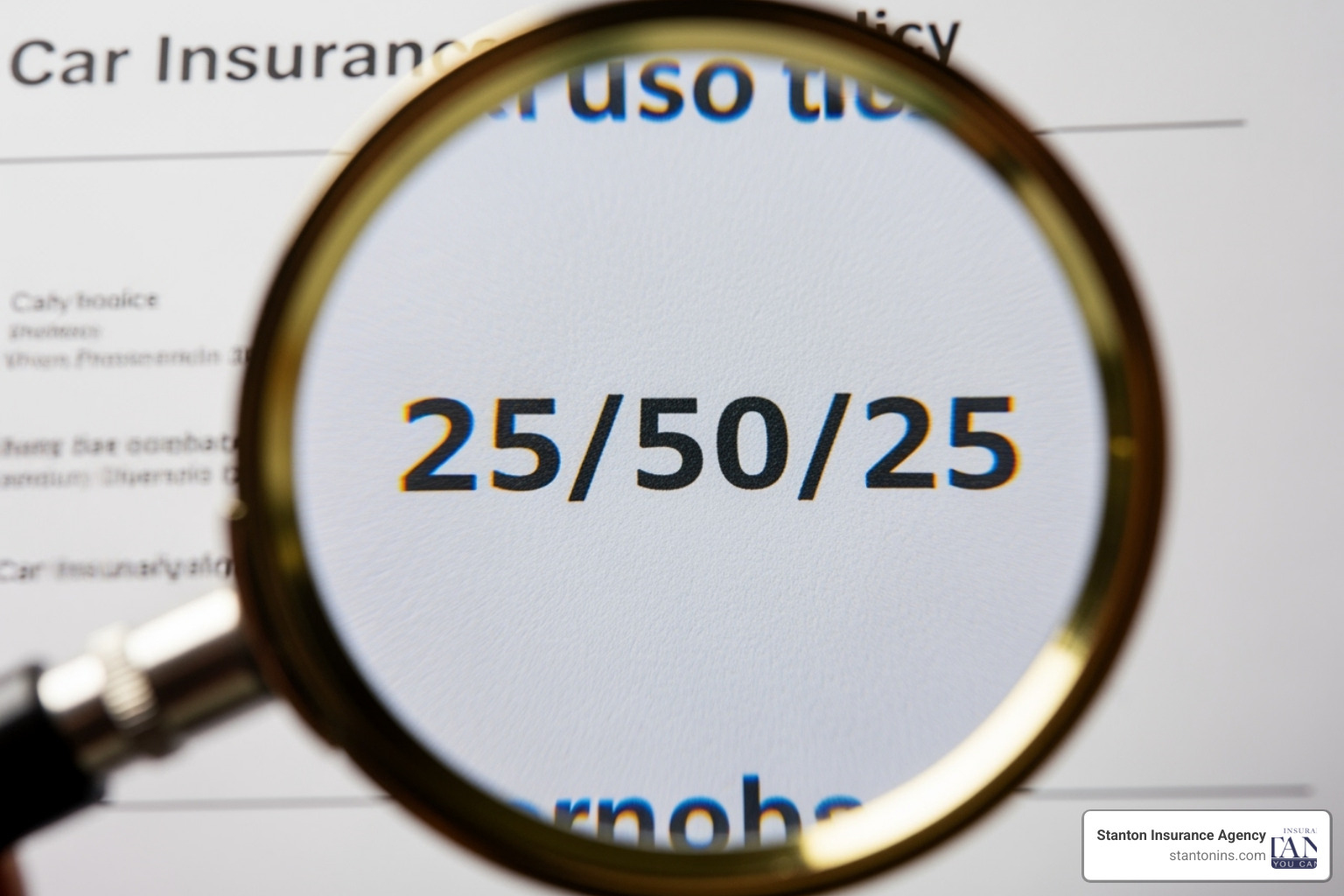 A magnifying glass over a policy document highlighting the numbers "25/50/25". - car insurance liability