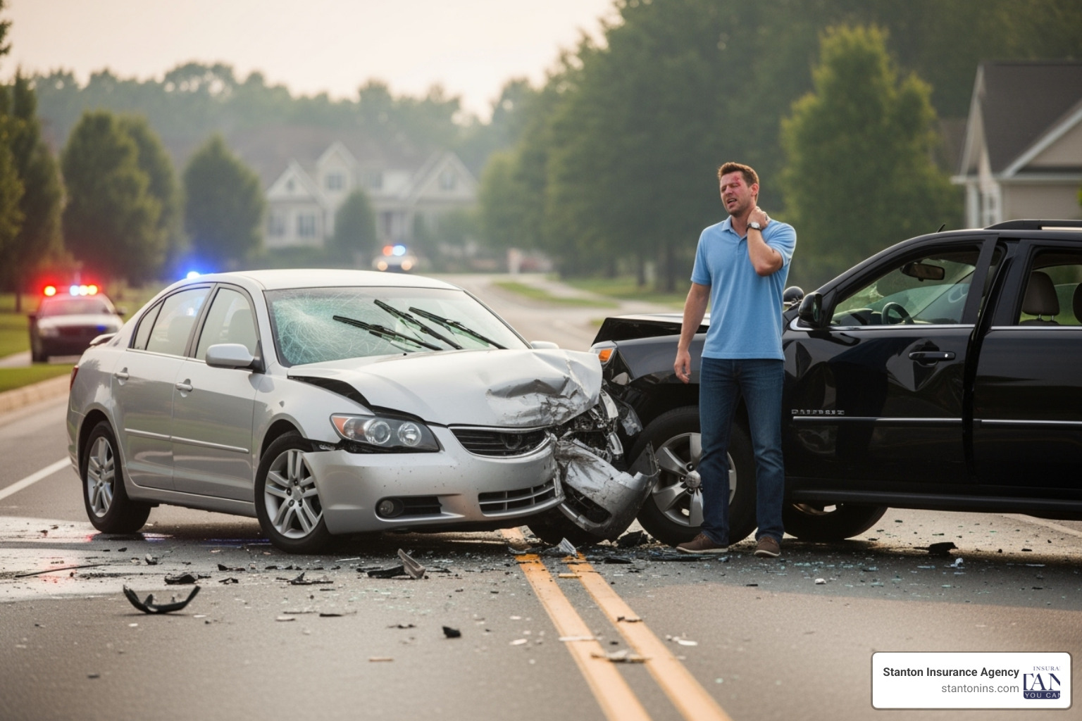 A two-car accident scene with callout boxes pointing to the damaged fender of one car ("Property Damage") and a driver holding their neck ("Bodily Injury").