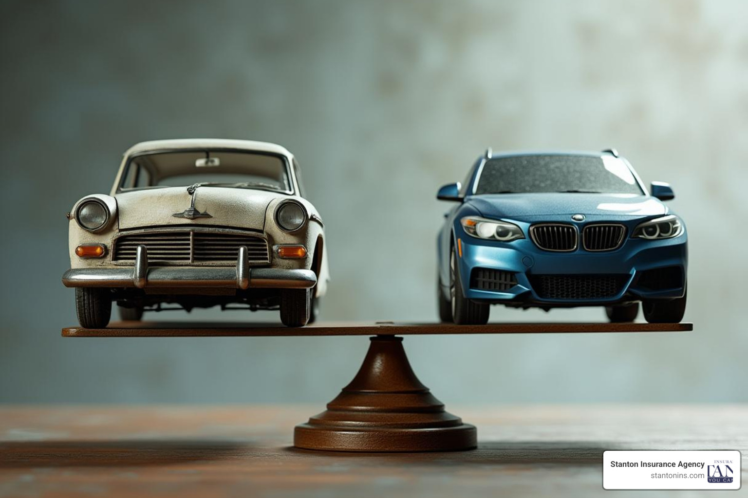 A scale balancing an older, paid-off car on one side ("Liability-Only?") and a new, financed car on the other ("Full Coverage").
