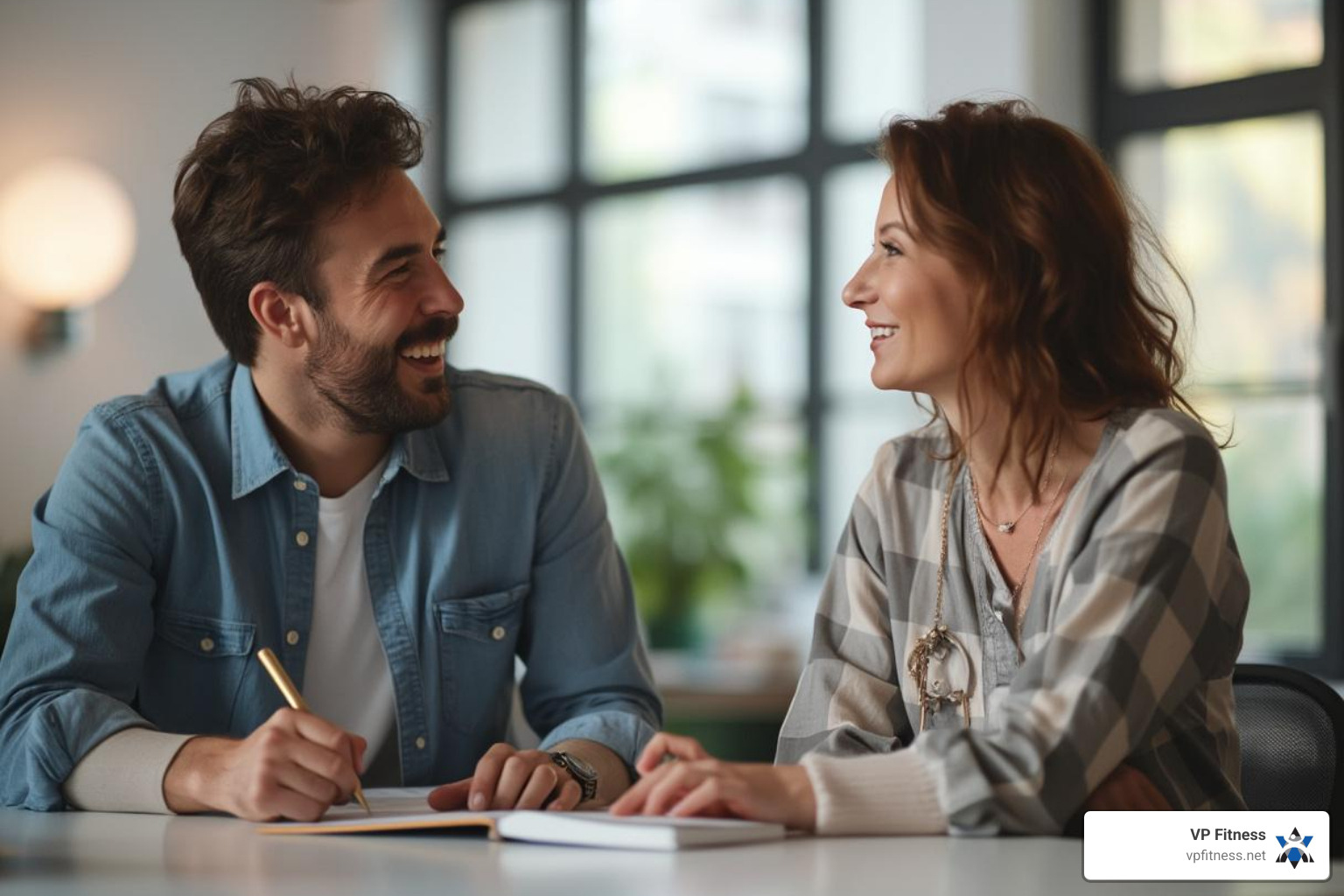 two people in a positive, focused conversation, one taking notes - accountability coaching