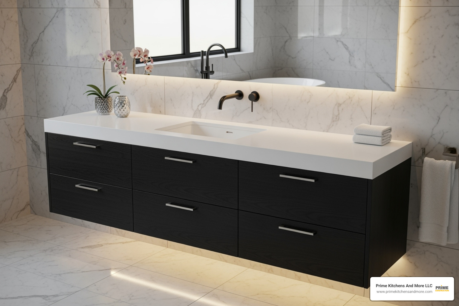 sleek floating vanity with integrated storage and under-cabinet lighting - luxury modern master bathroom designs