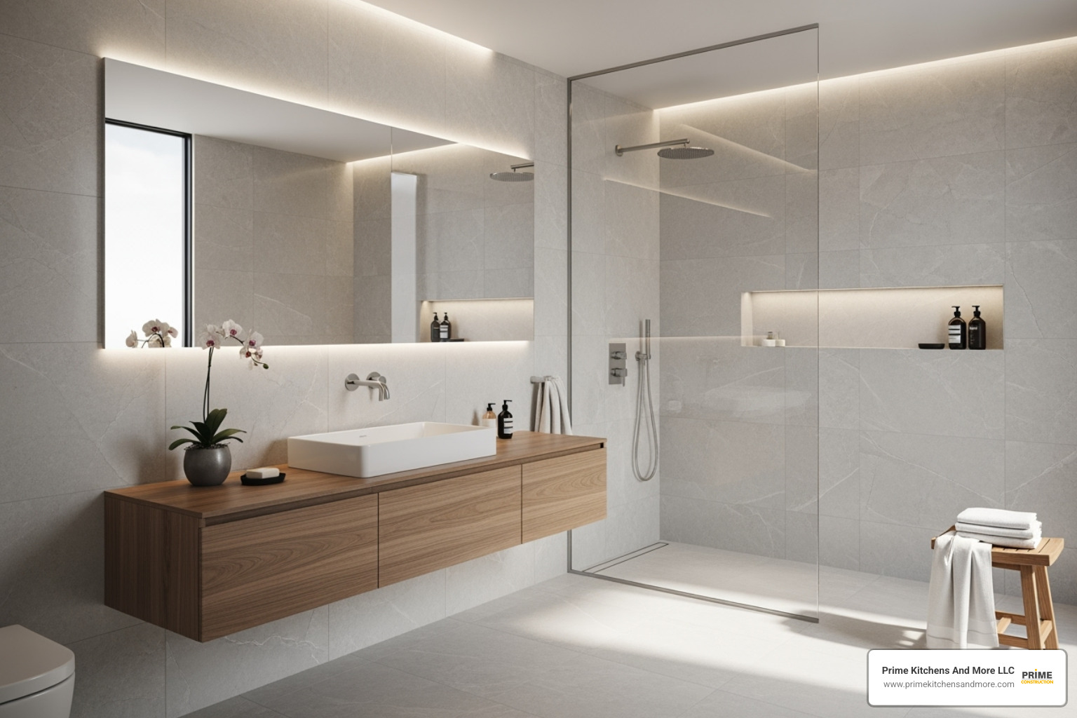 bathroom showcasing large format porcelain slabs on the walls and floor - luxury modern master bathroom designs