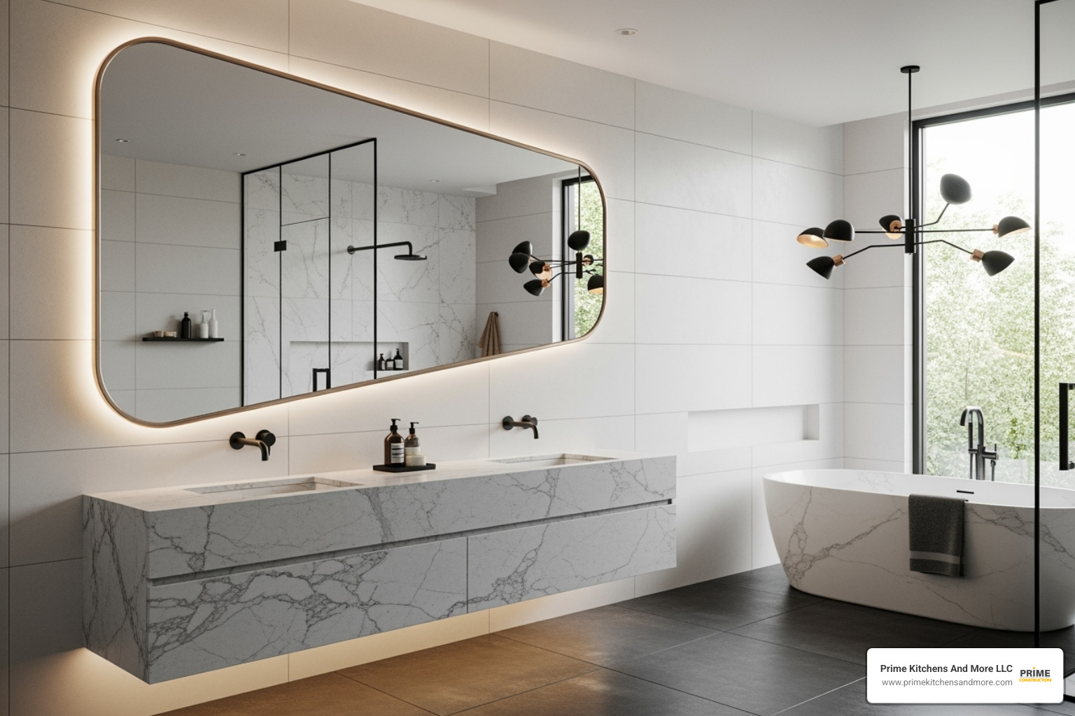 bathroom featuring 2025 trends like curved mirrors and mixed metal fixtures - luxury modern master bathroom designs