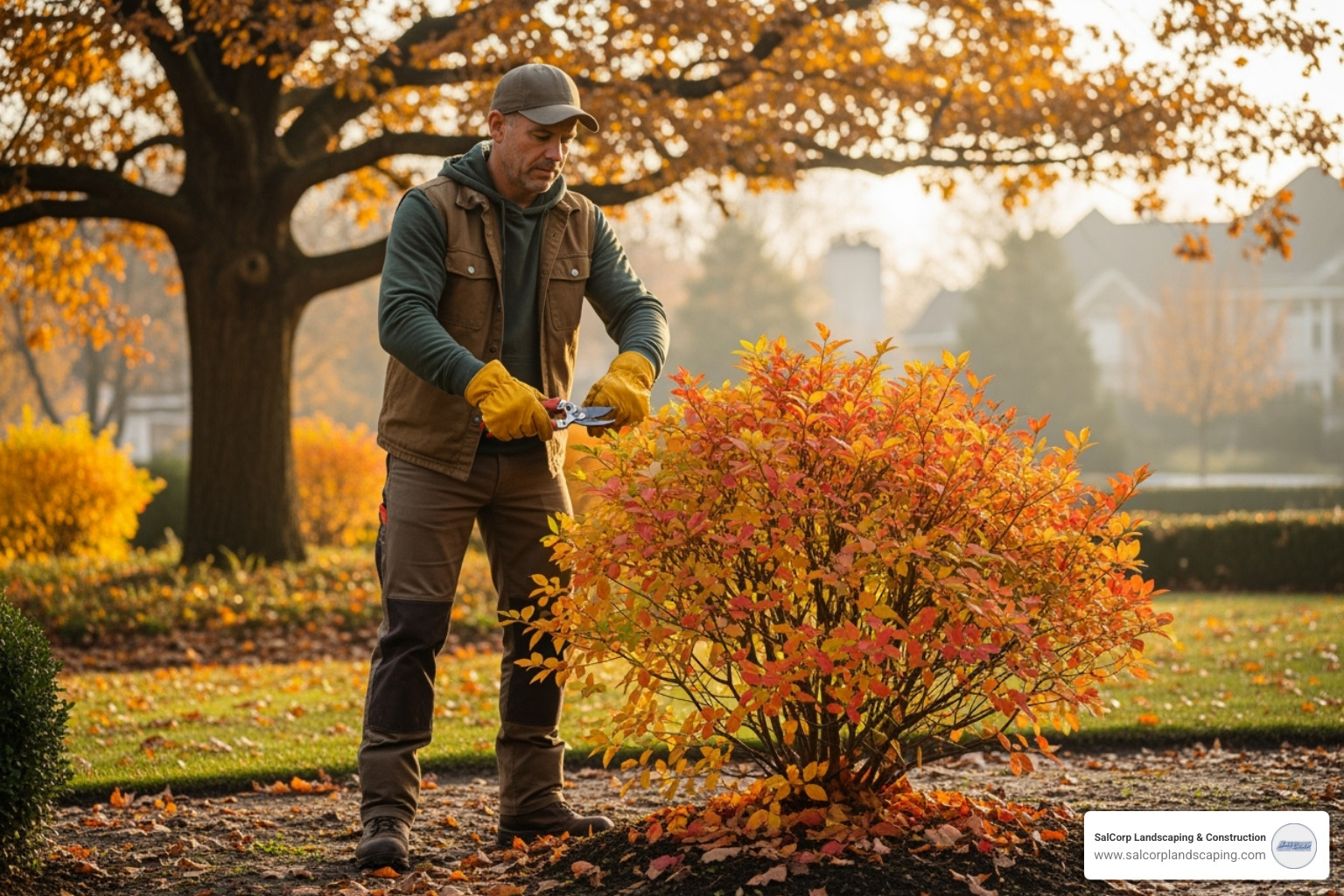 Image of a professional landscaper pruning a shrub in the fall - fall cleanup services