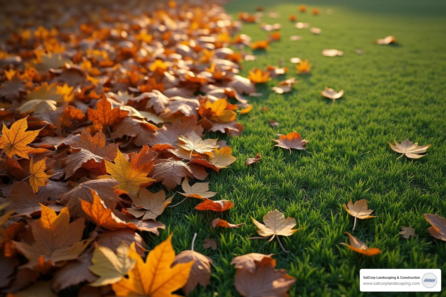 Image of a lawn half-covered in thick, wet leaves and the other half clean and green - fall cleanup services