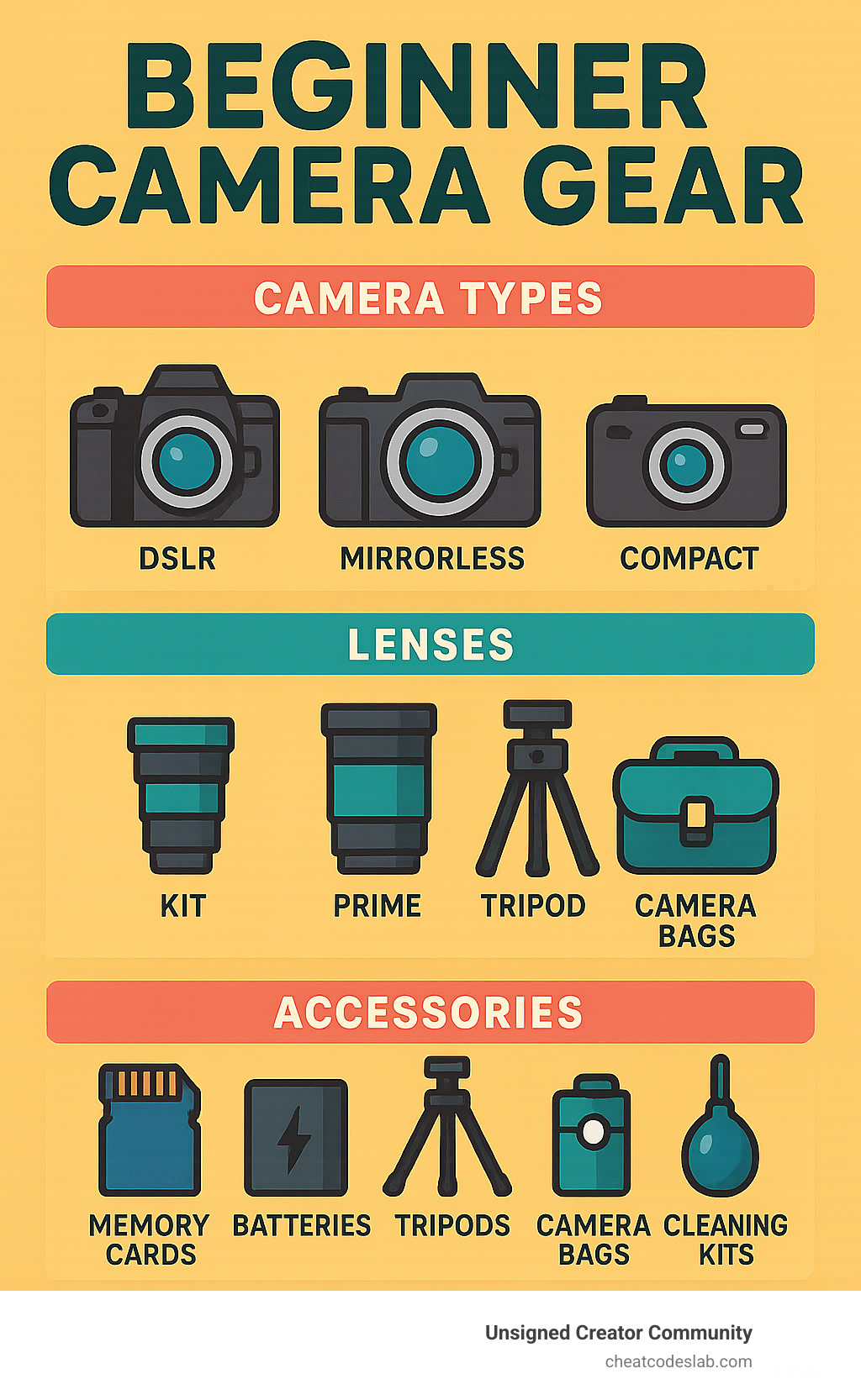 Infographic showing essential beginner camera gear categories including camera types (DSLR, Mirrorless, Compact), lenses (Kit, Prime, Zoom), and accessories (Memory Cards, Batteries, Tripods, Camera Bags, Cleaning Kits) - beginner camera gear infographic 