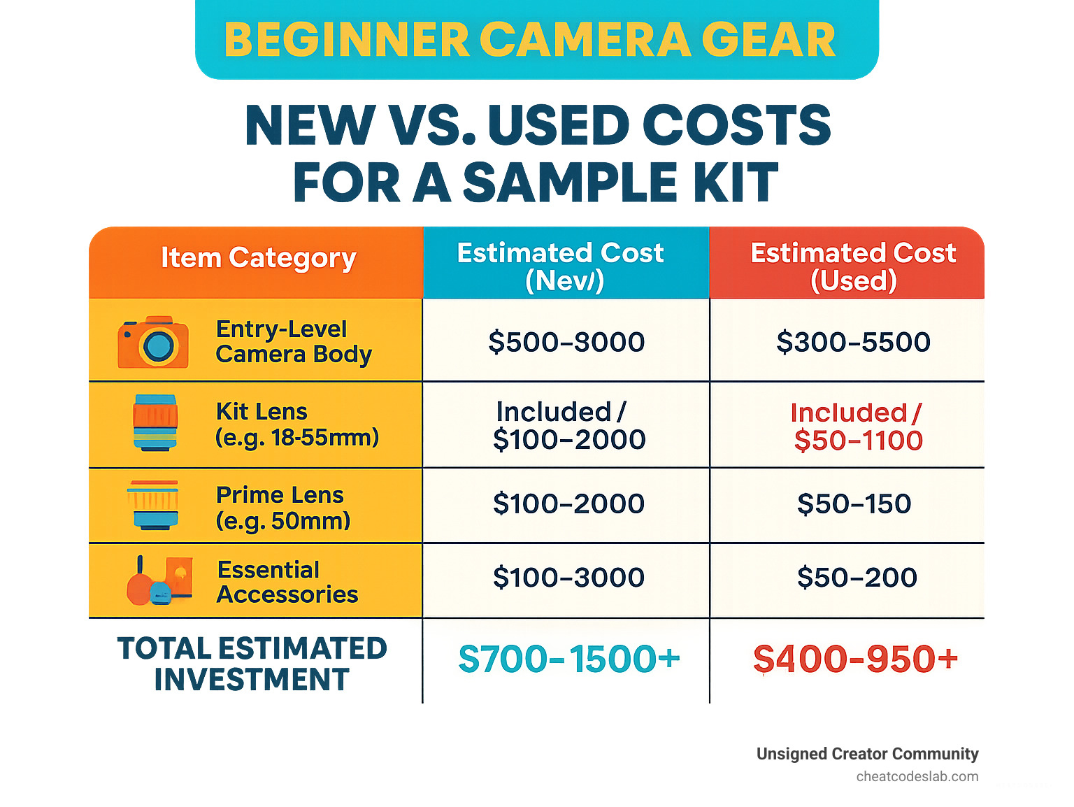 table comparing new vs. used costs for a sample kit - beginner camera gear infographic 