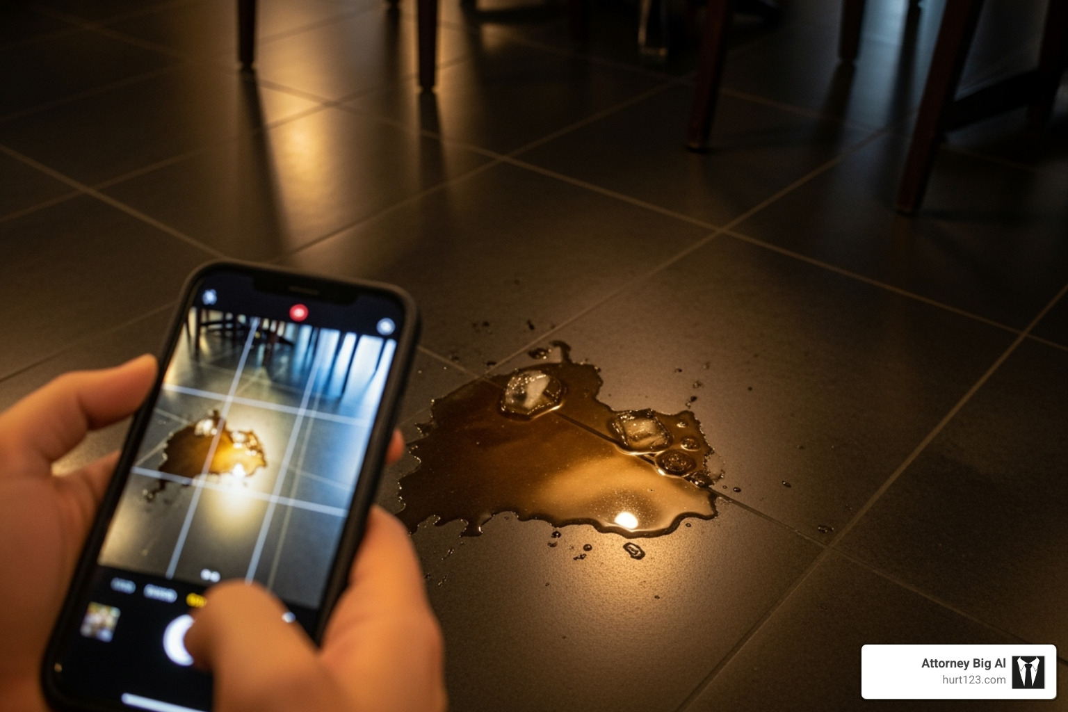 of a person taking a photo of a spill on the floor with their smartphone - restaurant slip and fall lawyer of a person taking a photo of a spill on the floor with their smartphone - restaurant slip and fall lawyer