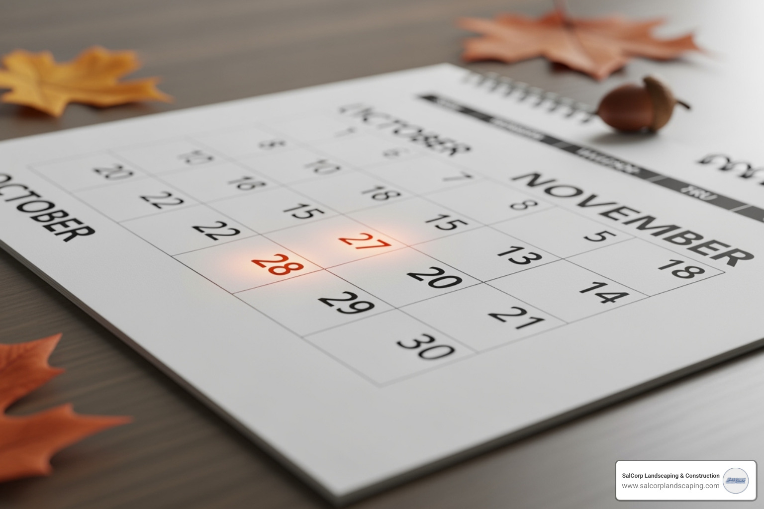 Image of a calendar highlighting late October and November for cleanup tasks - fall cleanup services