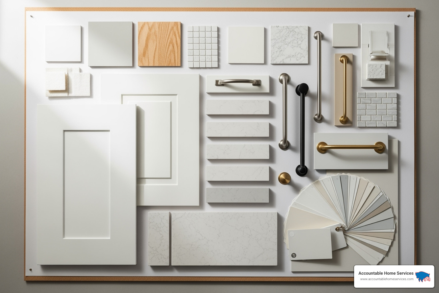 a designer's mood board with samples of tile, cabinetry, hardware, and paint - kitchen remodel before after