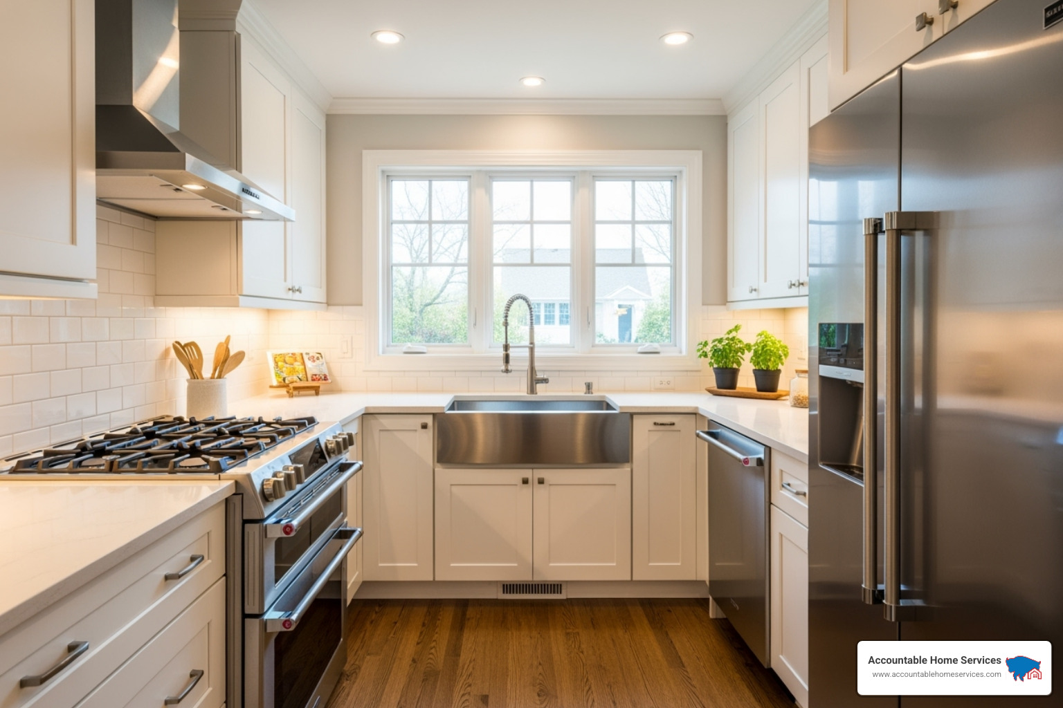 the kitchen work triangle in a newly remodeled kitchen with clear paths between the sink, range, and refrigerator - kitchen remodel before after
