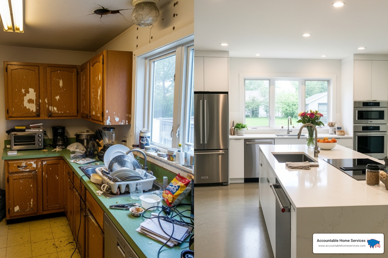 a cluttered, inefficient kitchen next to its clean, organized 'after' version - kitchen remodel before after