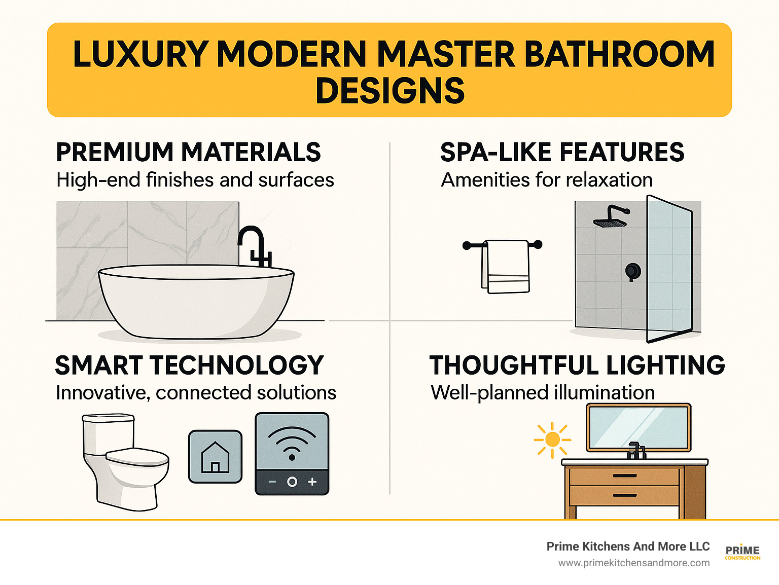 Infographic detailing key elements of luxury modern master bathroom design, including premium materials, spa-like features, smart technology, and thoughtful lighting - luxury modern master bathroom designs infographic 