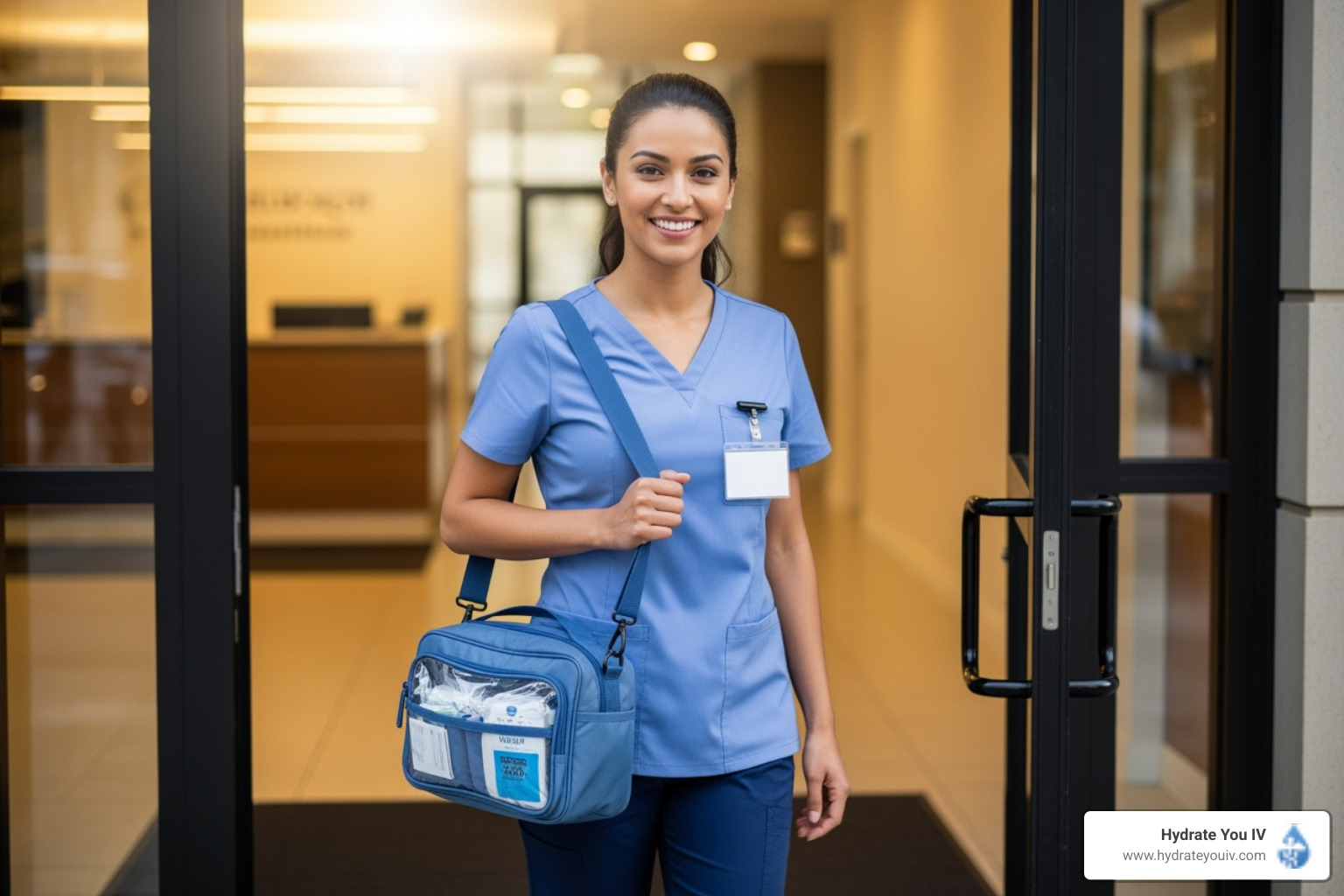 Friendly nurse with IV kit arriving at office door - IV drip OKC