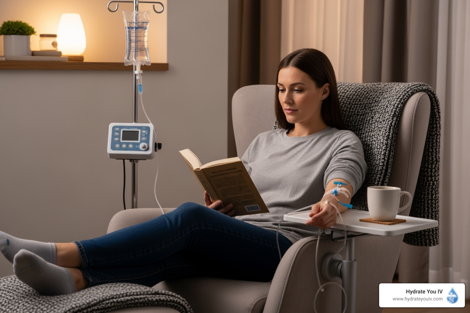 Person relaxing in chair during IV infusion, reading a book - IV drip OKC