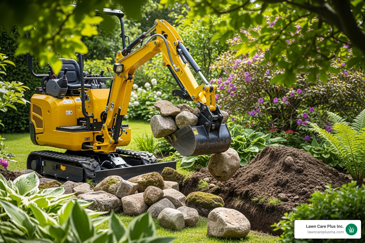 A mini-excavator lifting rocks from a garden bed - landscape rock removal service near me