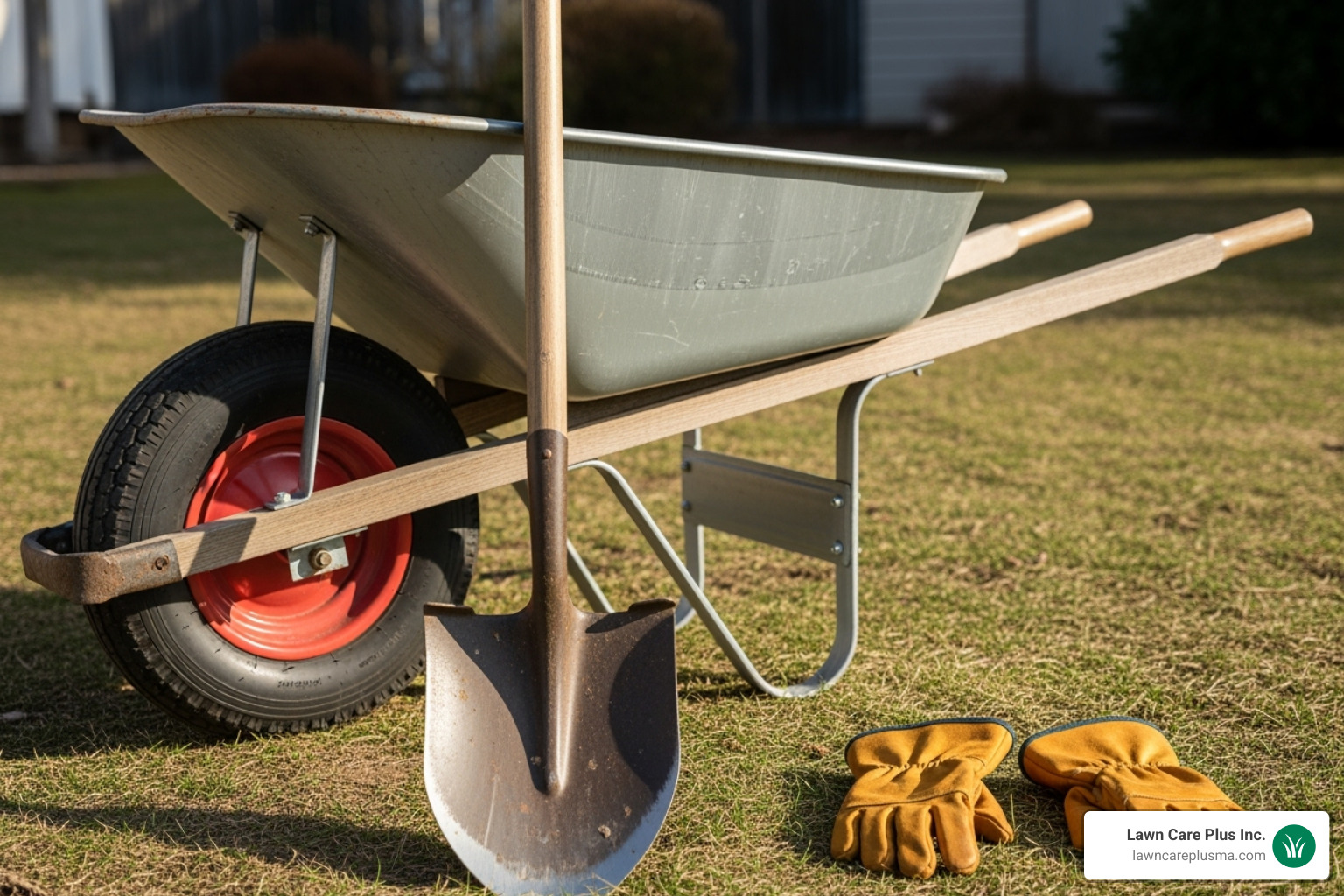 DIY tools for rock removal like a heavy-duty wheelbarrow, shovel, and protective gloves - landscape rock removal service near me