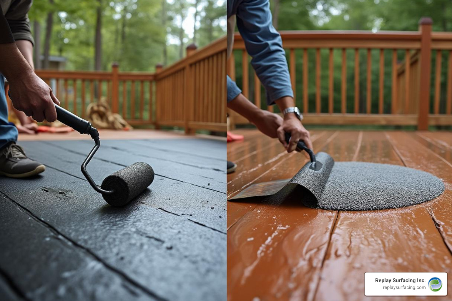 side-by-side of a roll-on application and a professional poured-in-place installation - rubber deck coating