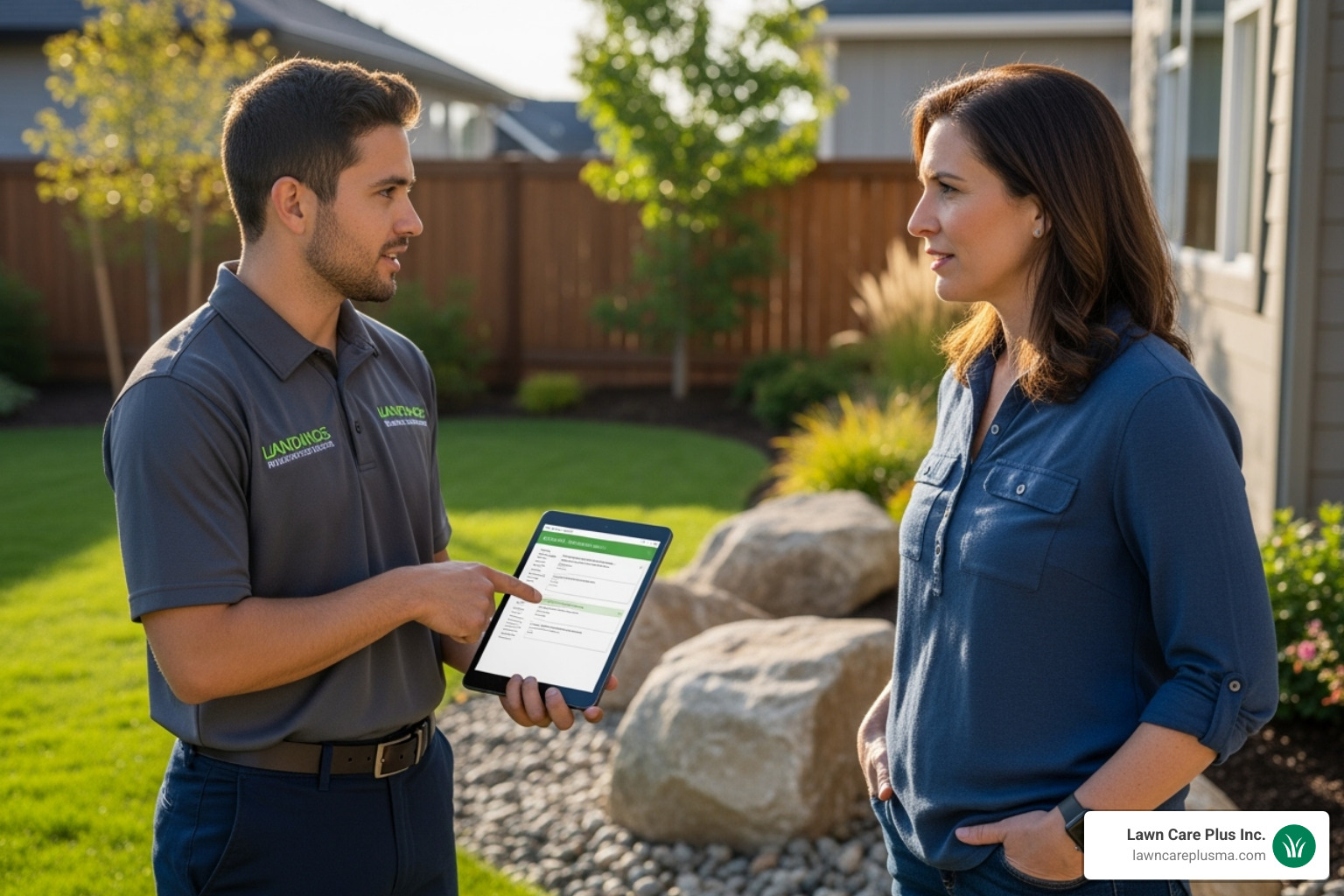 A Lawn Care Plus Inc. team member providing a quote to a homeowner for rock removal - landscape rock removal service near me