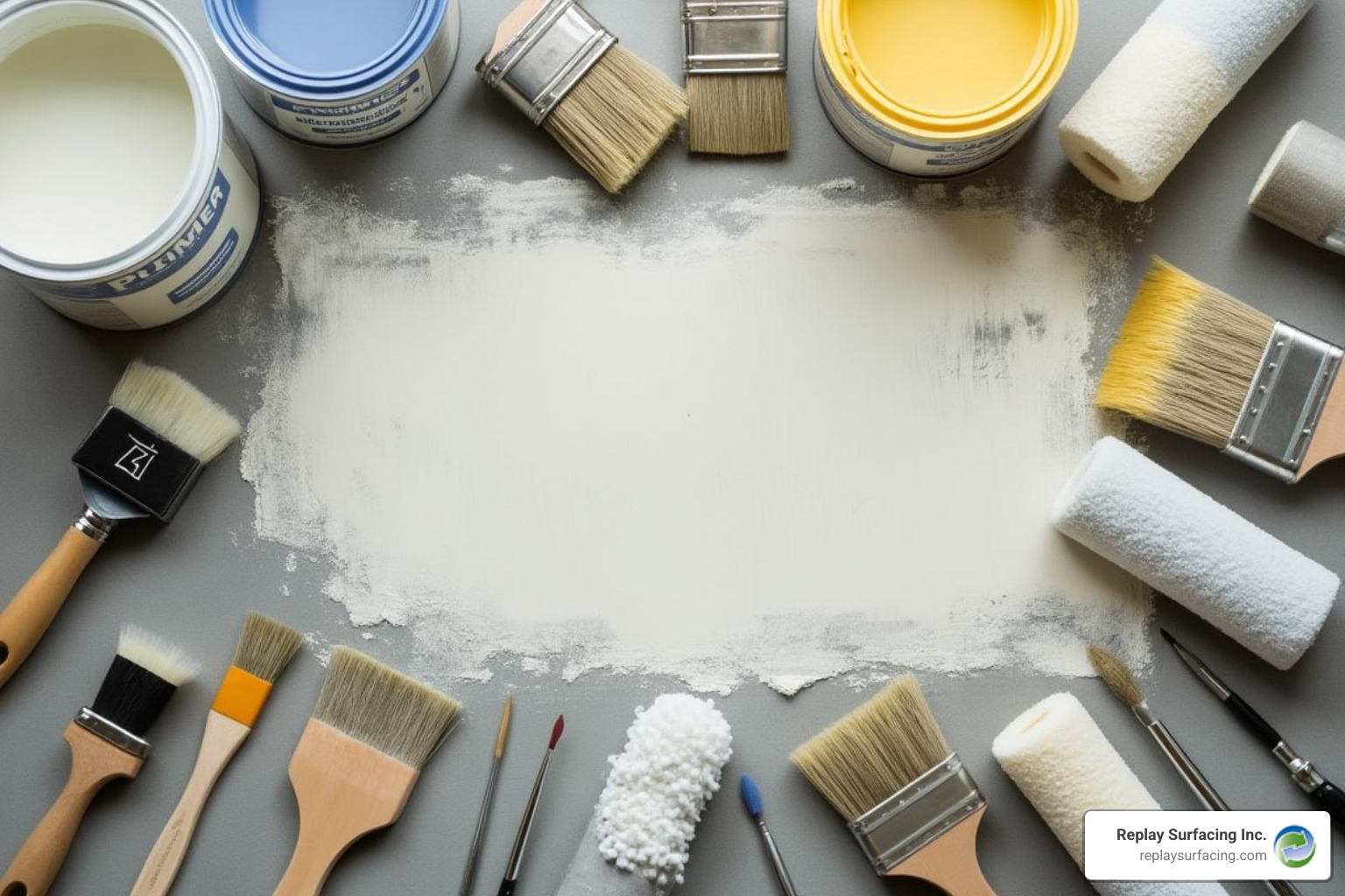 tools needed for application, like rollers, brushes, a mixing paddle, and primer - rubber deck coating