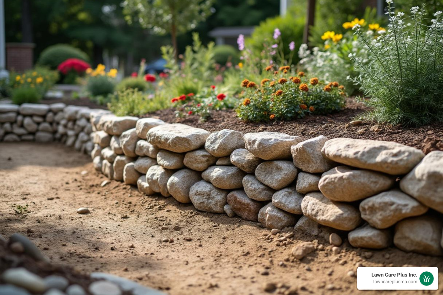 A newly built retaining wall using repurposed rocks - landscape rock removal service near me