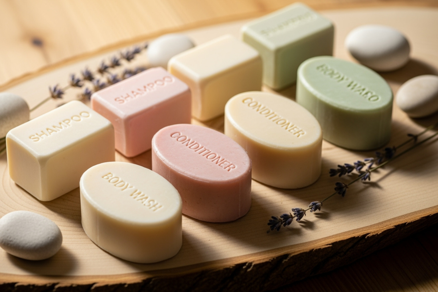 Collection of solid beauty bars for shampoo, conditioner, and body wash - Zero-waste beauty routine