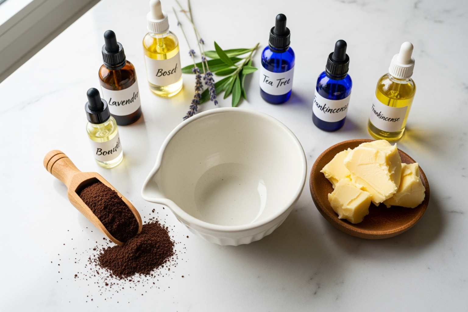 Ingredients like coffee grounds, shea butter, and essential oils with a mixing bowl - Zero-waste beauty routine