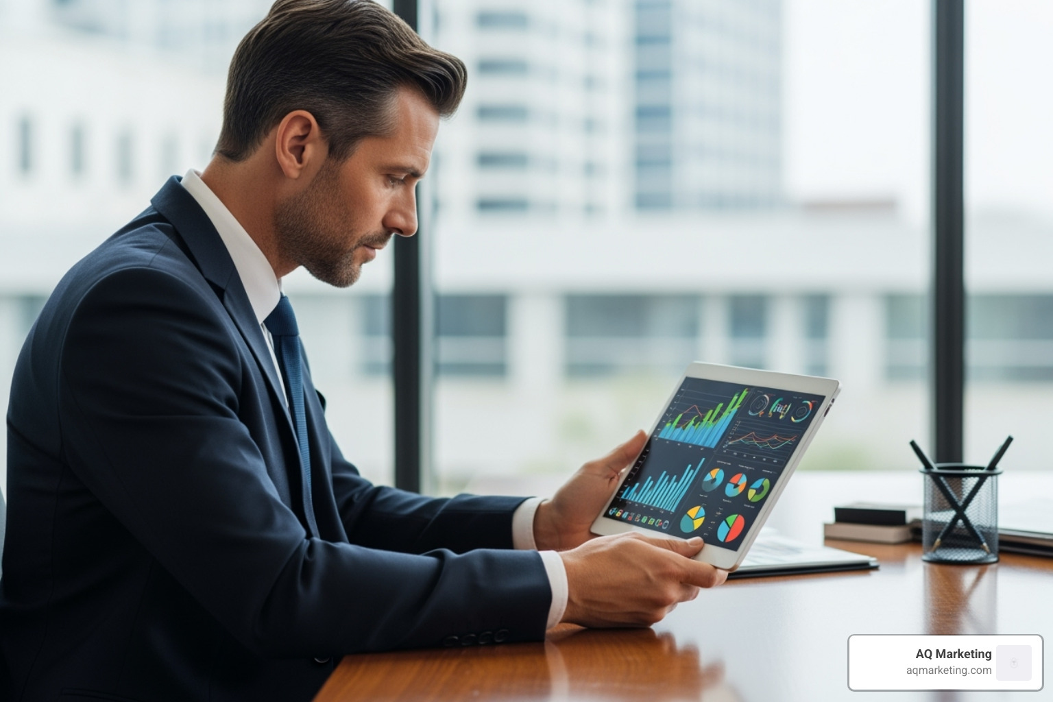 Broker using a tablet displaying advanced risk analytics - insurance brokerage industry Broker using a tablet displaying advanced risk analytics - insurance brokerage industry