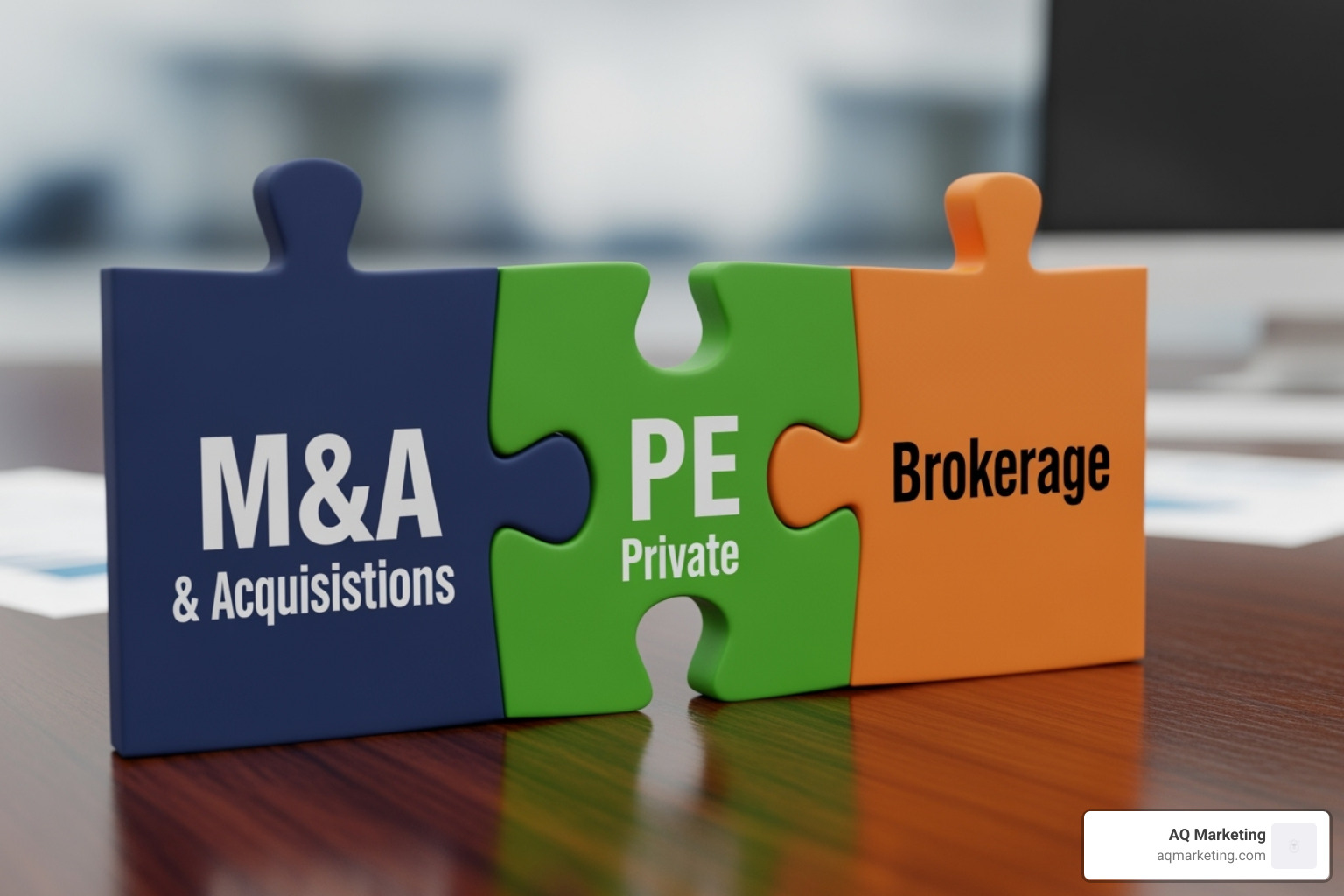 Puzzle pieces labeled 'M&A', 'PE', and 'Brokerage' fitting together - insurance brokerage industry Puzzle pieces labeled 'M&A', 'PE', and 'Brokerage' fitting together - insurance brokerage industry