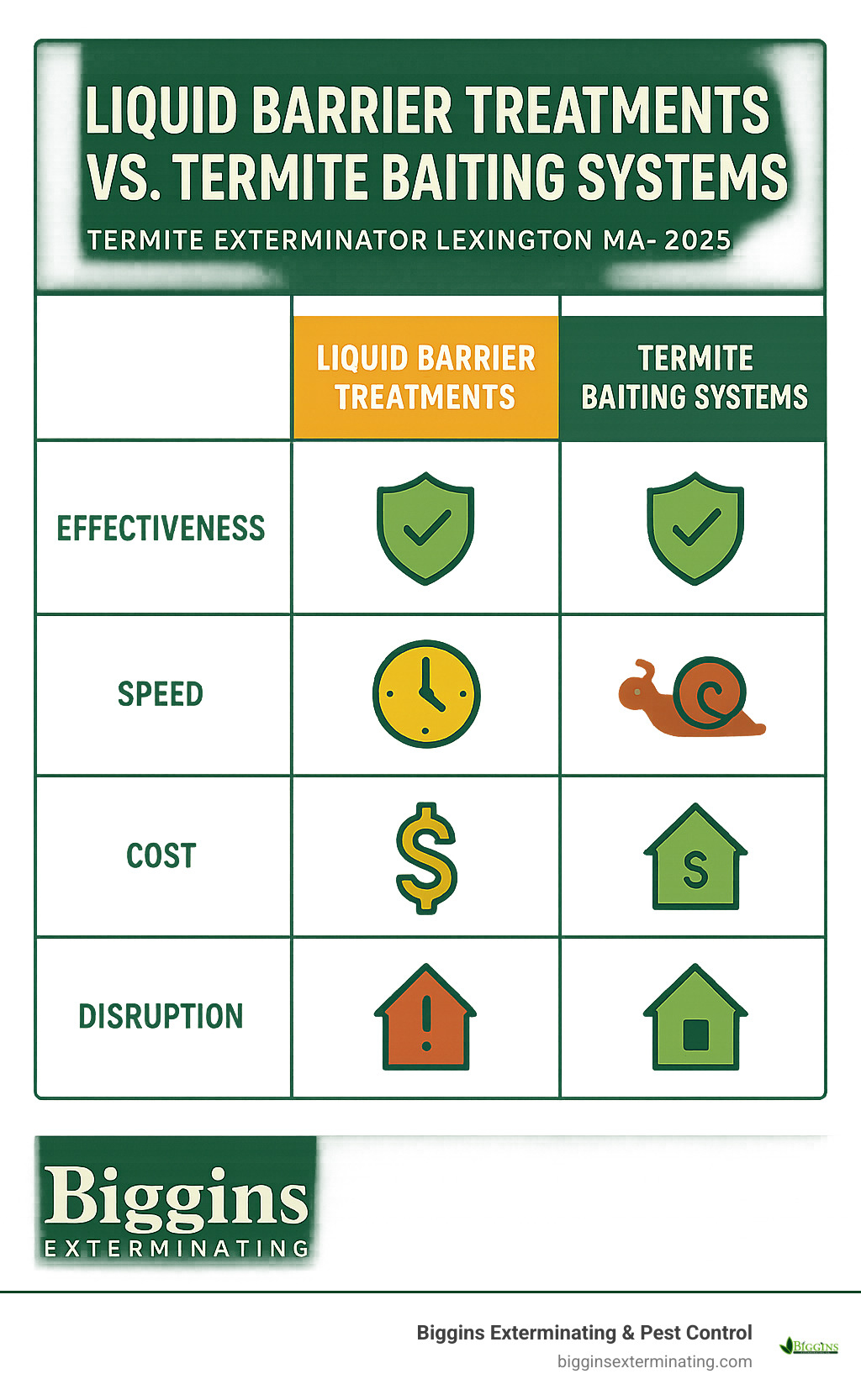 TABLE comparing Liquid Barrier Treatments vs. Termite Baiting Systems on effectiveness, speed, cost, and disruption - termite exterminator lexington ma infographic 