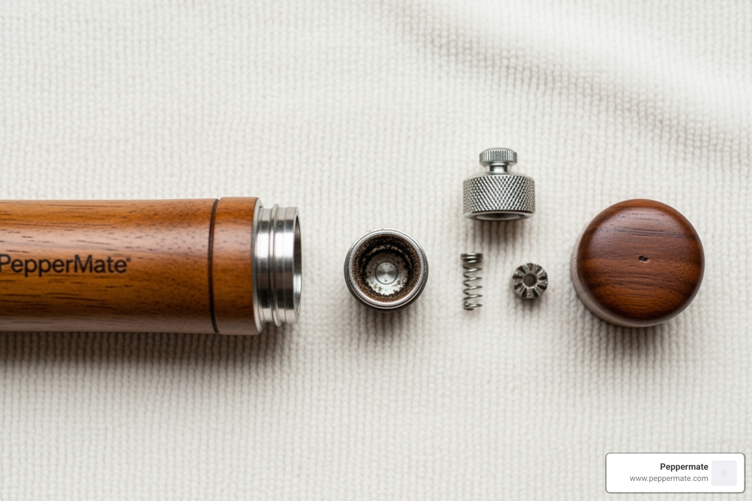 A Peppermate pepper mill being carefully disassembled on a soft, light-colored cloth, with its top nut, cap, and a few small internal components laid out in an organized manner next to the main body of the mill - how to clean pepper mill grinder