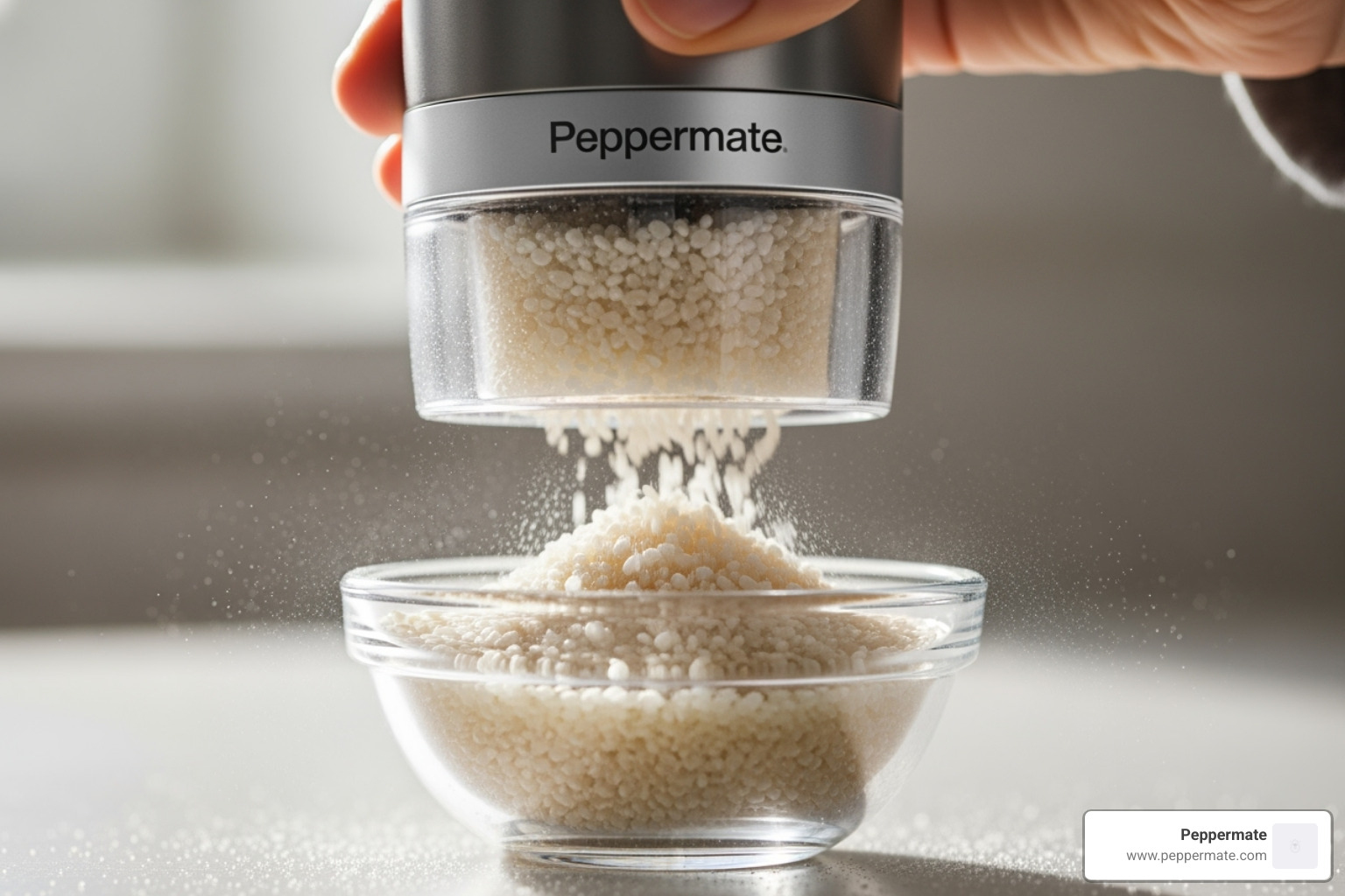Uncooked white rice being ground through a Peppermate pepper mill, with the fresh white rice collecting in a small, clean bowl below the mill's clear base - how to clean pepper mill grinder