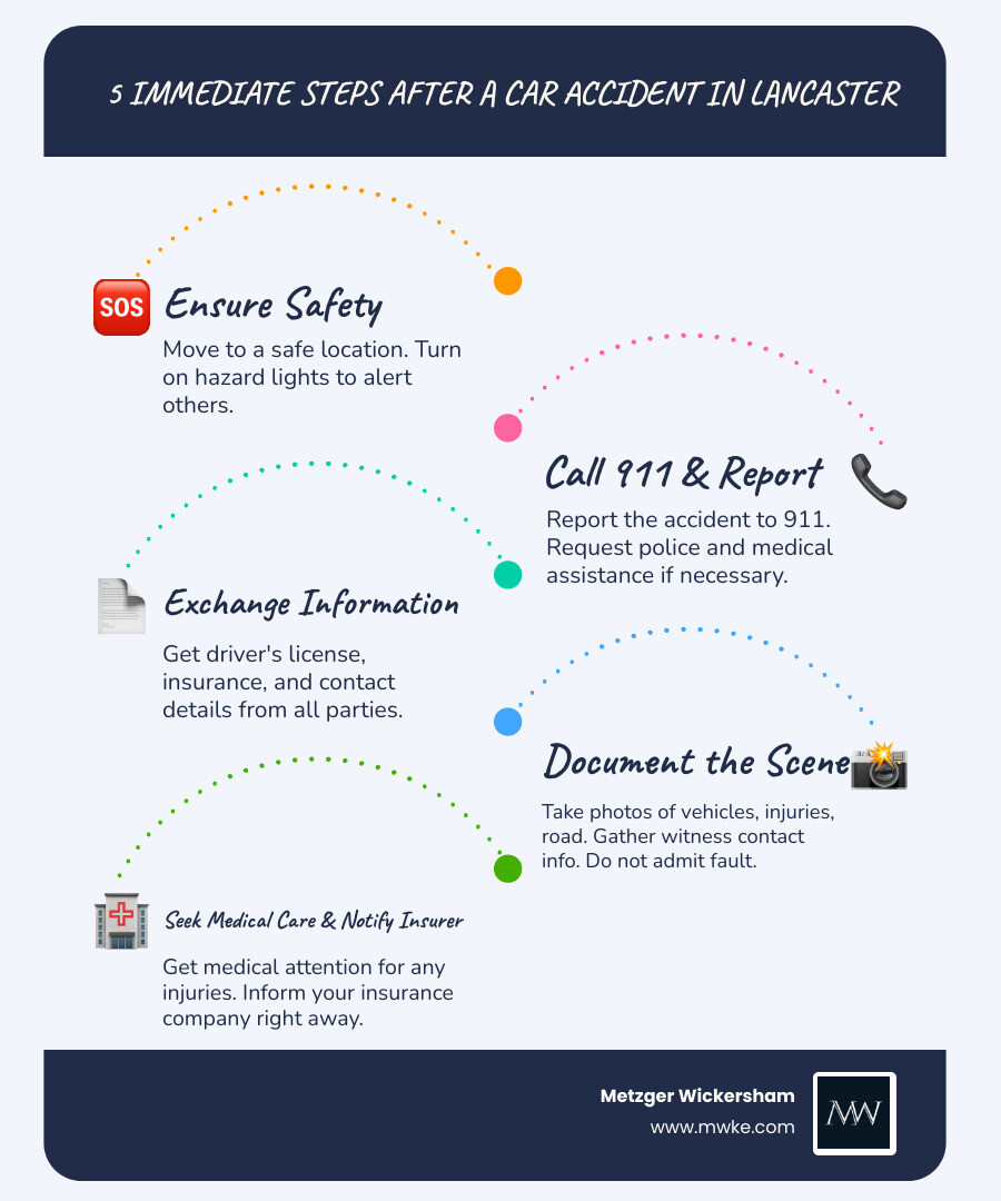Infographic detailing 5 immediate steps to take after a car accident - Auto accident attorney Lancaster PA infographic infographic-line-5-steps-blues-accent_colors