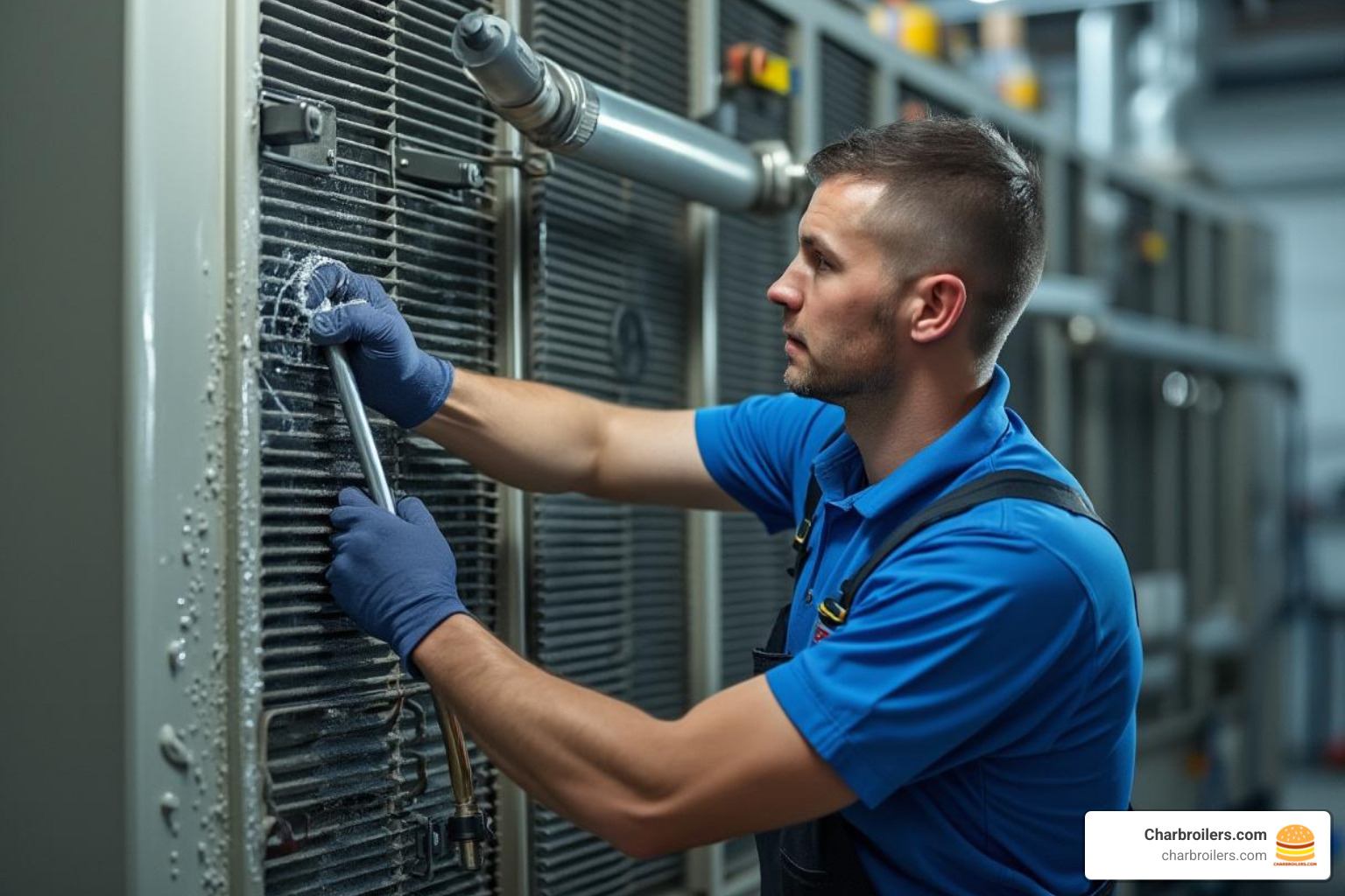 technician cleaning condenser coils - commercial refrigeration equipment