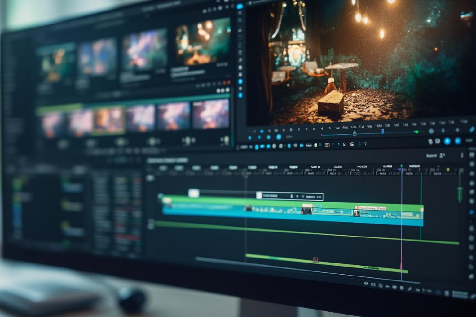 Video editing software interface with timelines and preview windows on a computer screen - content creator tools