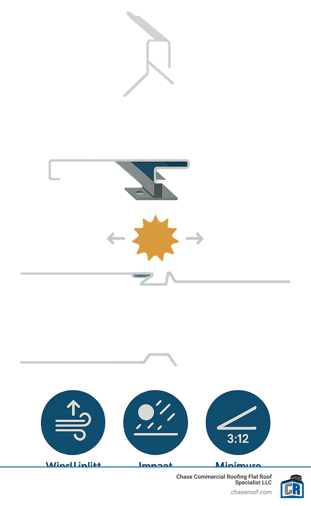 Comprehensive comparison chart showing snap-lock panel installation process, concealed fastener system, thermal movement accommodation, and key performance specifications including wind uplift ratings, impact resistance, and minimum slope requirements - standing seam snap lock infographic 