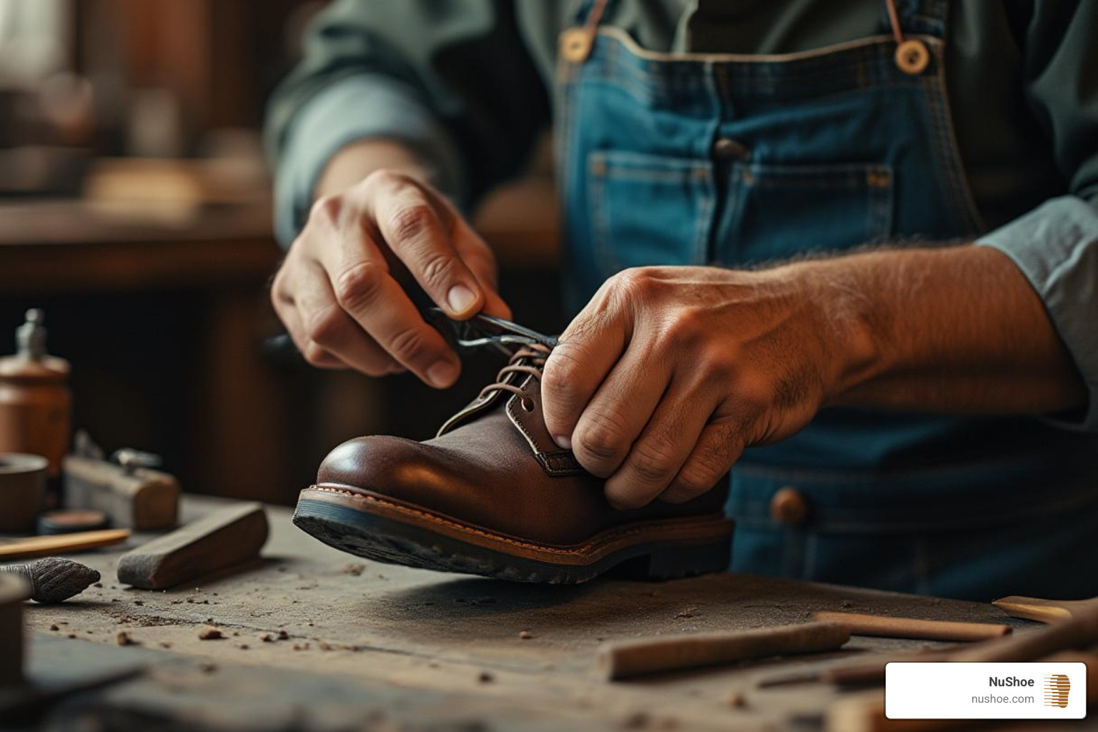 A cobbler working on a shoe with traditional tools - shoe renewal process