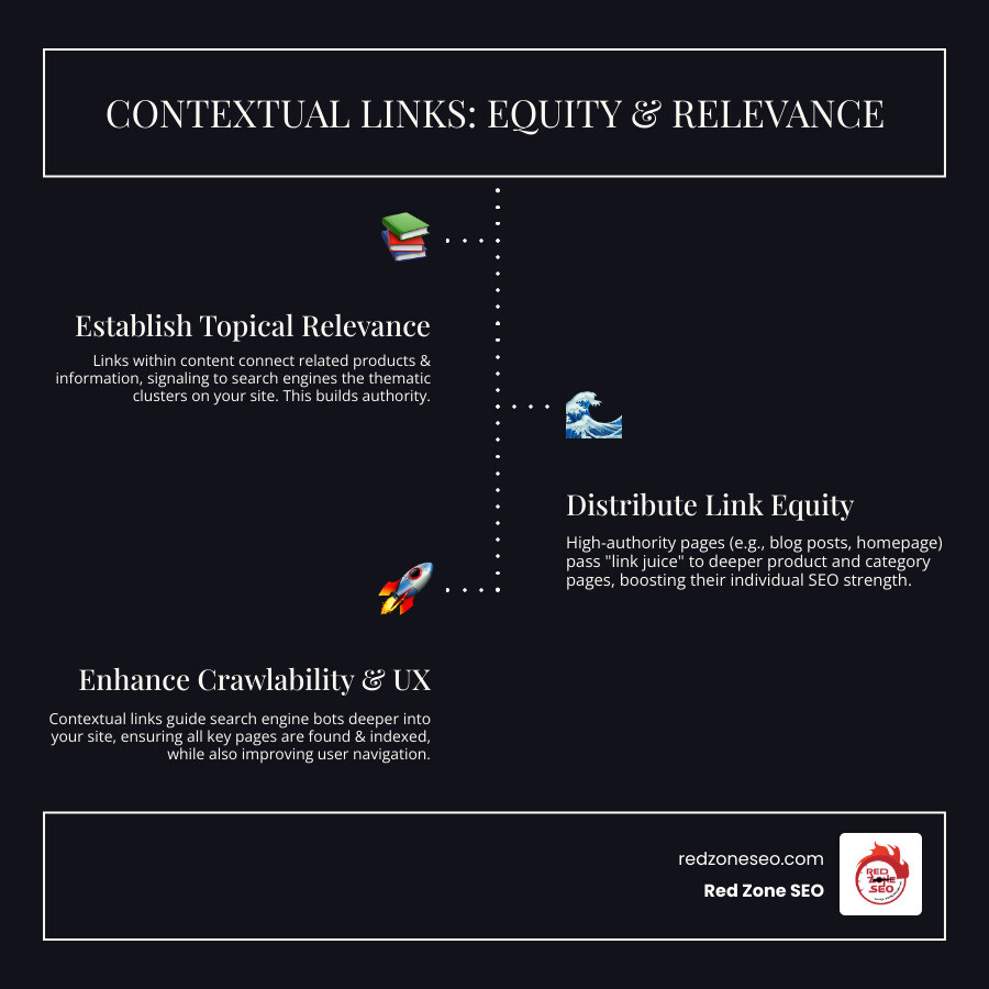 Infographic explaining how contextual links distribute link equity and establish topical relevance throughout an ecommerce site - ecommerce site structure seo contextual links infographic infographic-line-3-steps-dark