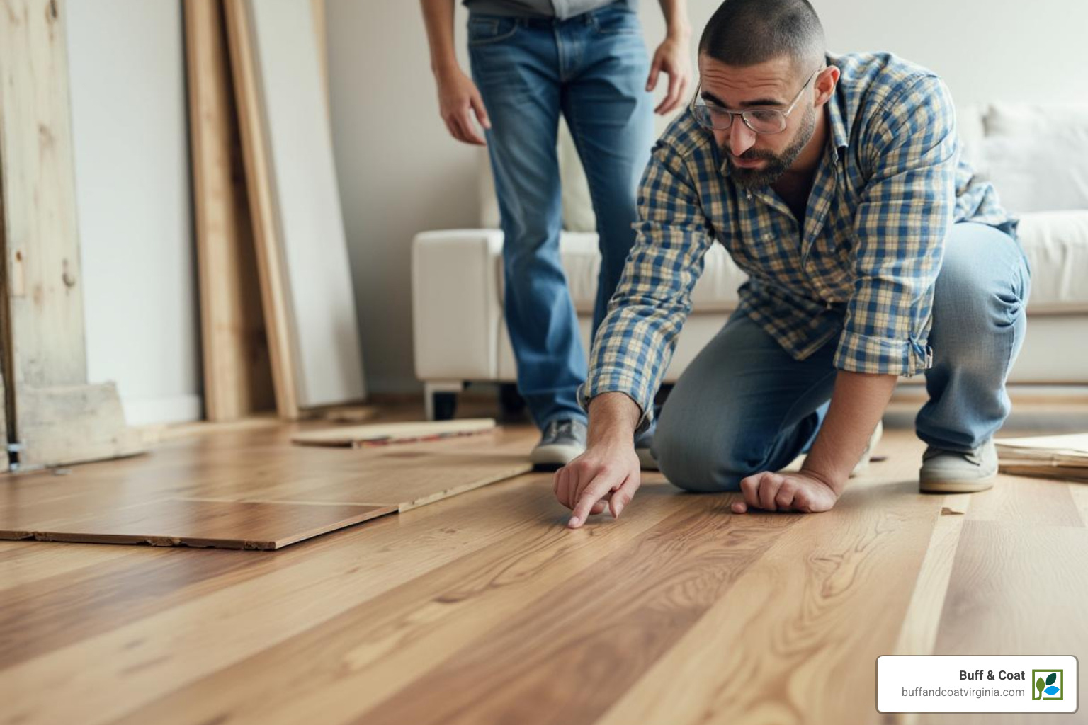 Contractor discussing flooring options with a homeowner - floor refinishing richmond Contractor discussing flooring options with a homeowner - floor refinishing richmond