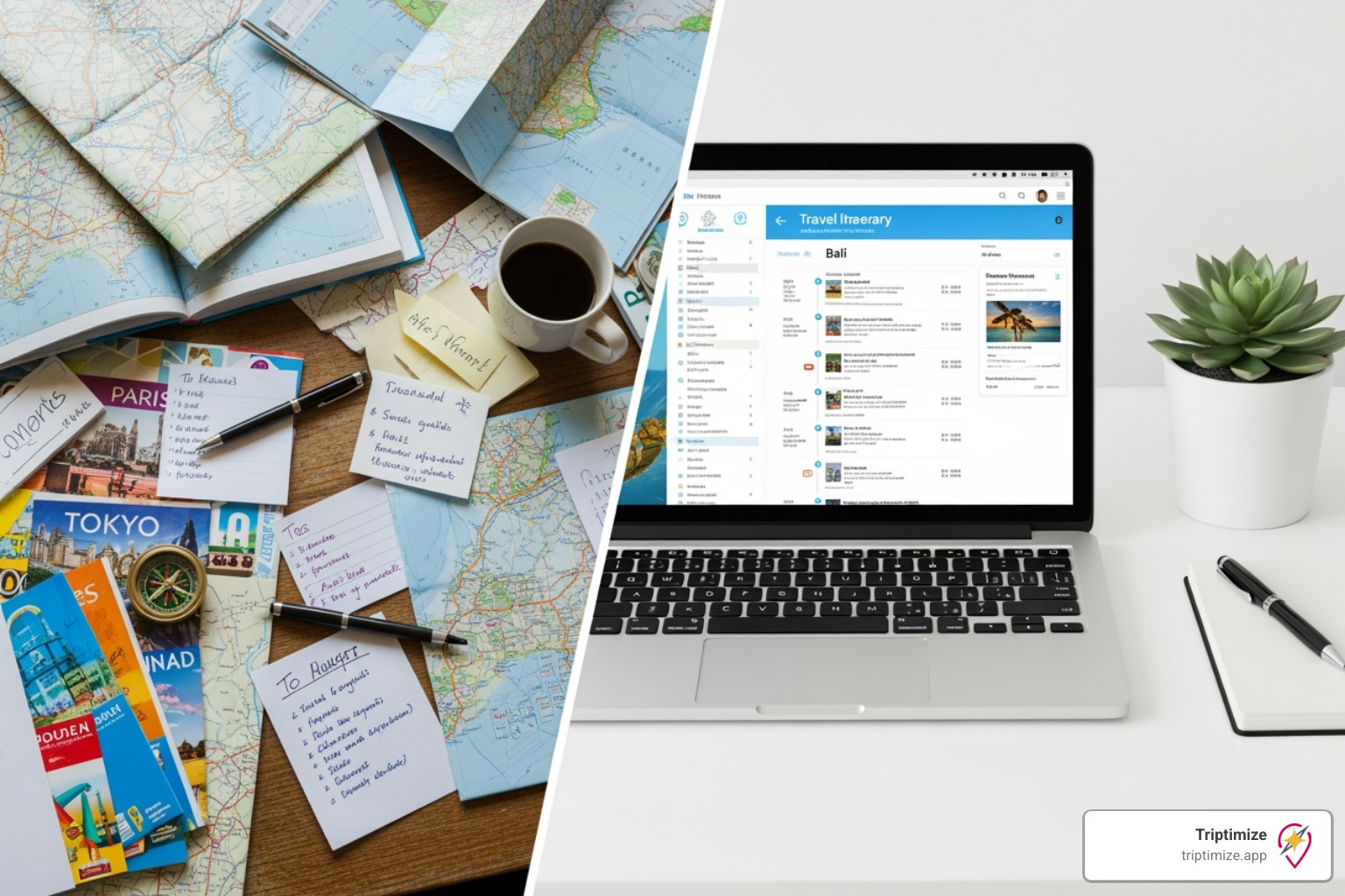 A cluttered desk with maps and brochures next to a clean desk with a single laptop showing a travel itinerary - plan vacation online A cluttered desk with maps and brochures next to a clean desk with a single laptop showing a travel itinerary - plan vacation online