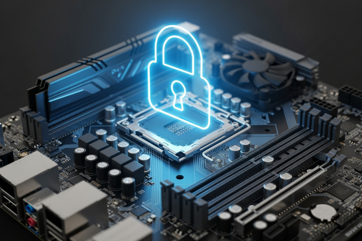 computer motherboard with a glowing lock icon superimposed - secure computer