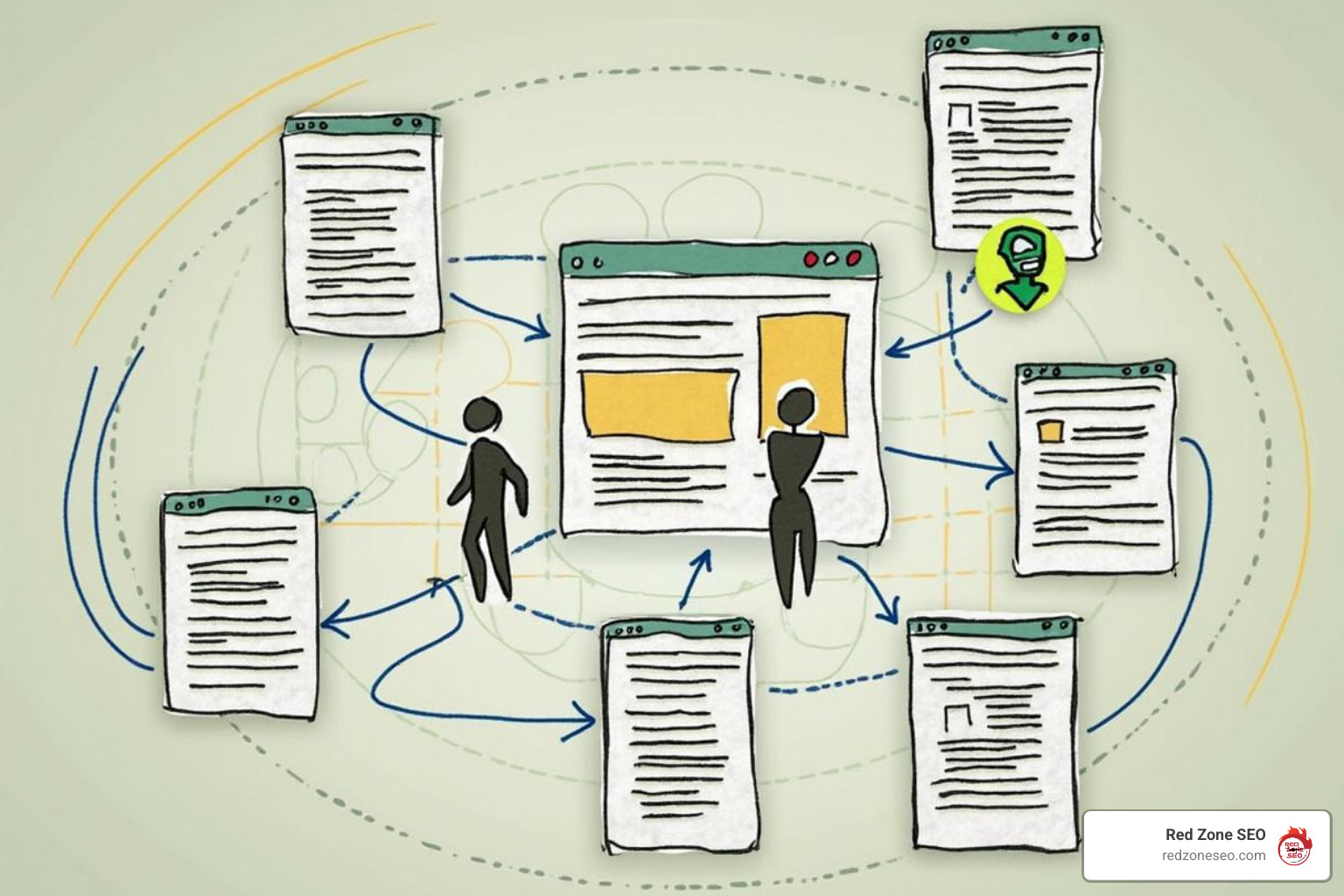 illustration of the flow of a user and a search engine bot through a well-linked site - ecommerce site structure seo contextual links