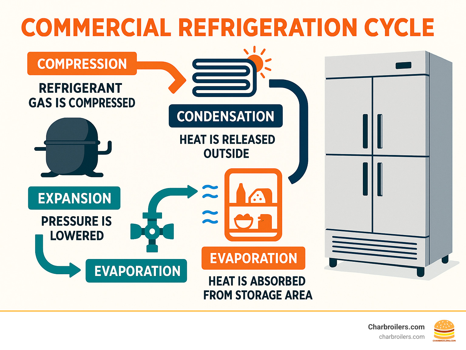 Detailed infographic showing the commercial refrigeration cycle with four main stages: compression of refrigerant gas, condensation where heat is released outside the unit, expansion through valve to lower pressure, and evaporation where heat is absorbed from food storage area, creating the cooling effect - commercial refrigeration equipment infographic 