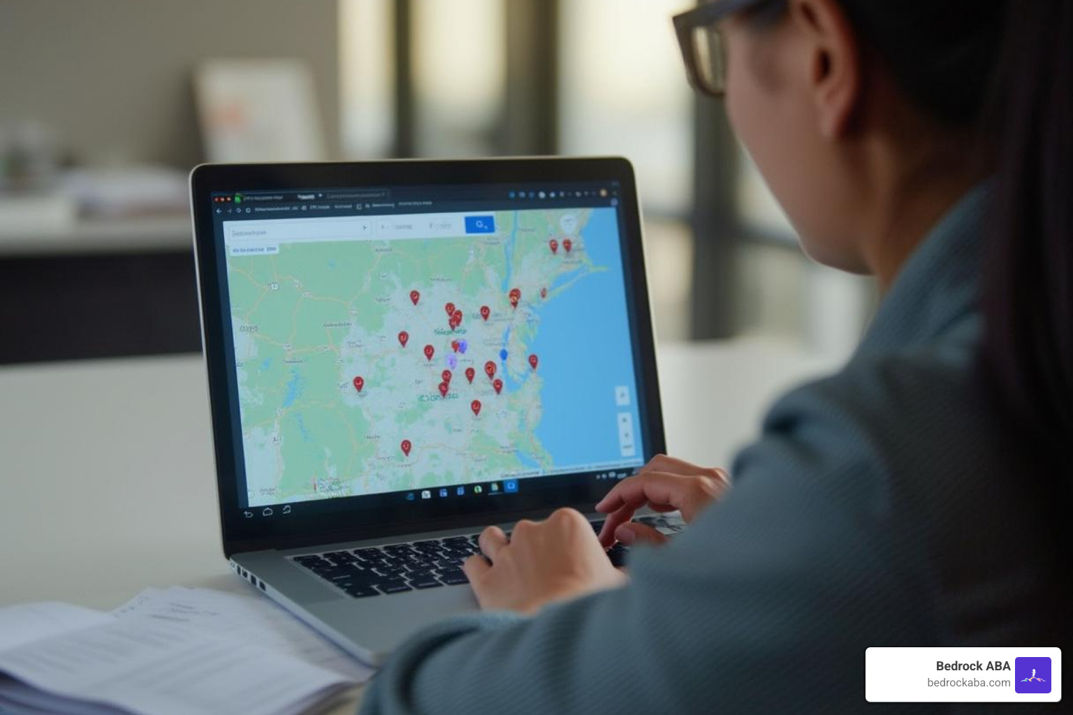 A person searching on a laptop for local health services, with a map on the screen - autism testing near me A person searching on a laptop for local health services, with a map on the screen - autism testing near me