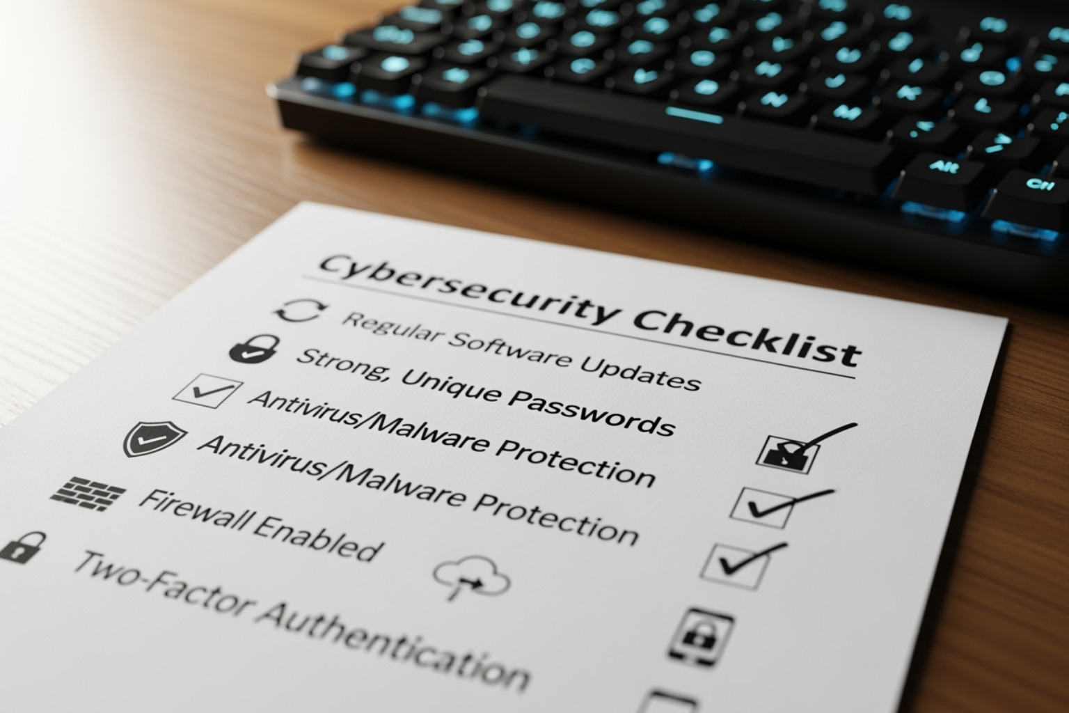checklist with security items like updates, passwords, and antivirus - secure computer