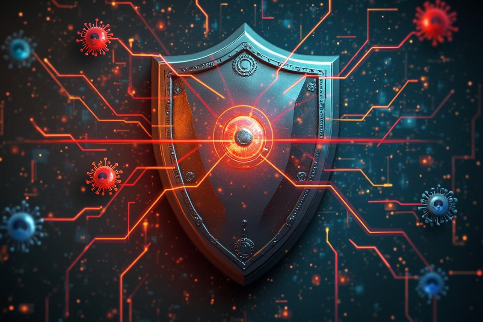shield deflecting various cyber threat icons - secure computer