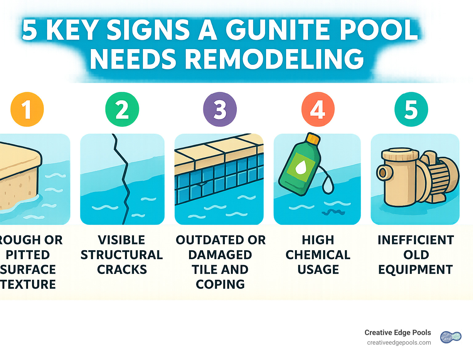 Infographic showing the 5 key signs a gunite pool needs remodeling: rough or pitted surface texture indicating worn plaster, visible structural cracks in pool walls or deck, outdated or damaged tile and coping, high chemical usage due to porous surfaces, and inefficient old equipment increasing energy costs - gunite pool remodeling beverly ma infographic 